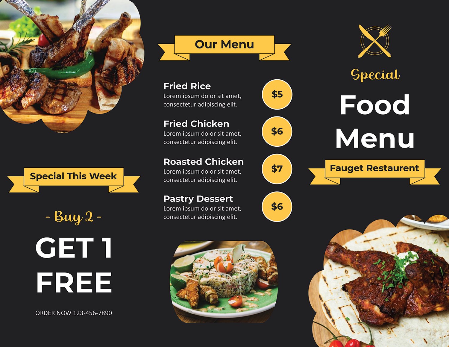 Black and Gold Food Menu Trifold Brochure Template - Page 01