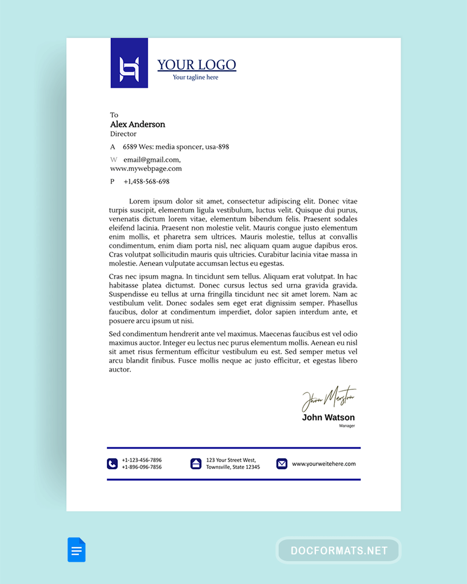 Blue Minimal Letterhead Design - Google Docs