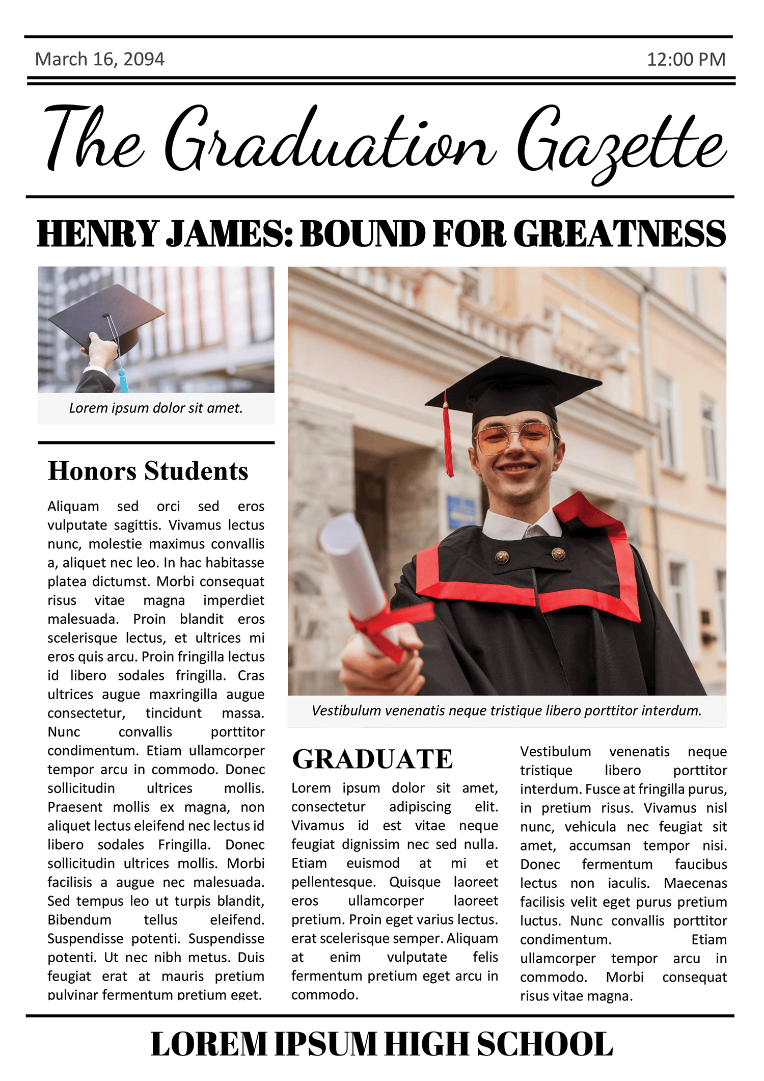Customizable Newspaper Graduation Template - Front Page