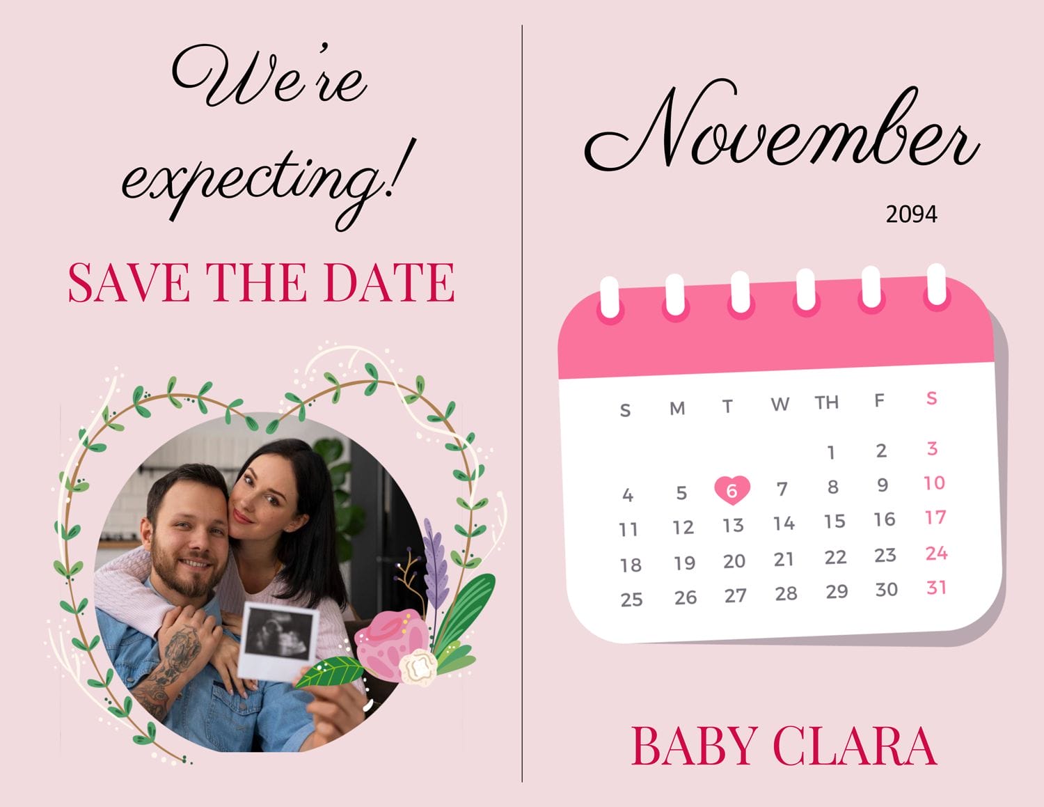 Editable Pregnancy Announcement Card with Calendar - Page 01
