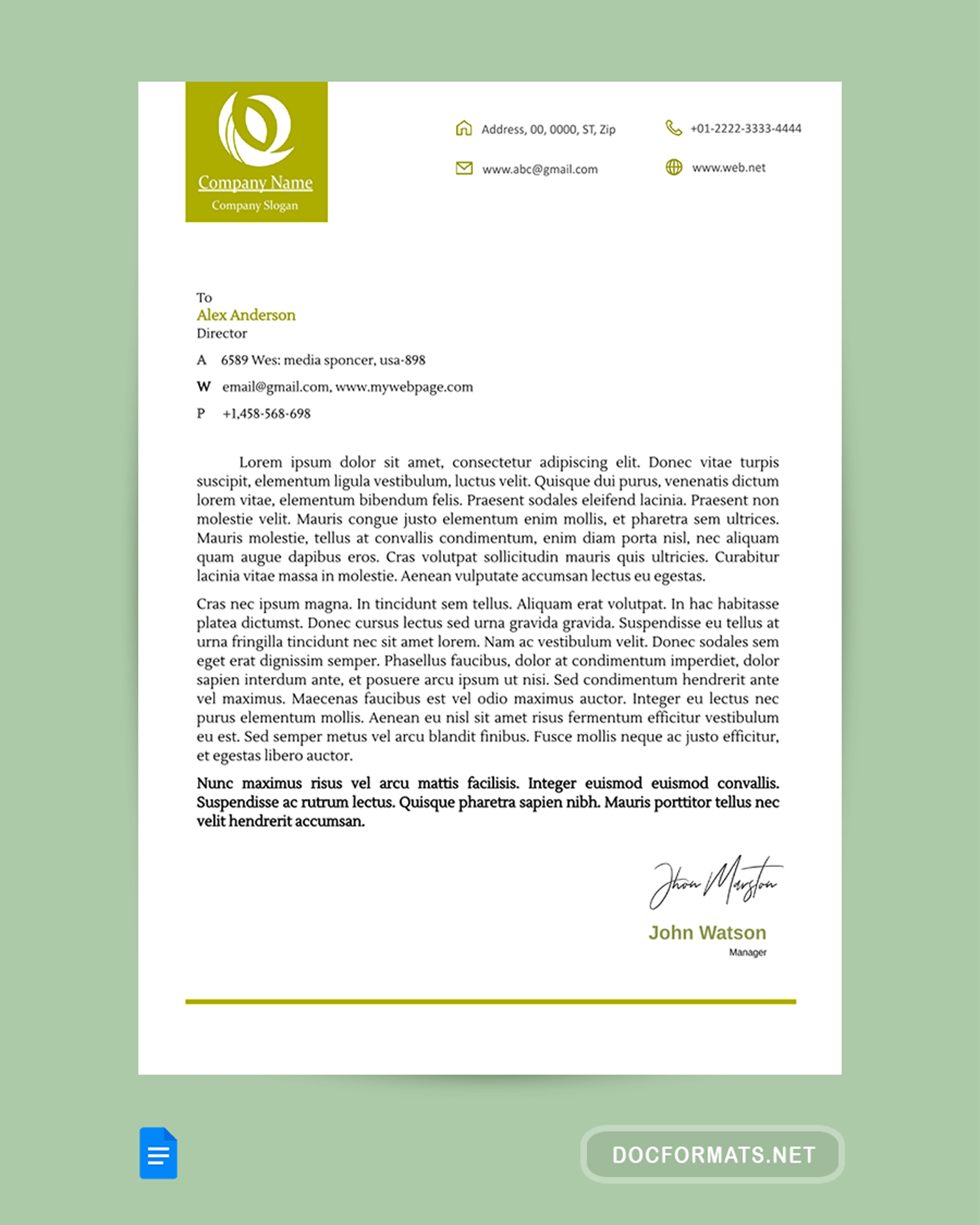 Light Green Minimal Letterhead Template - Google Docs