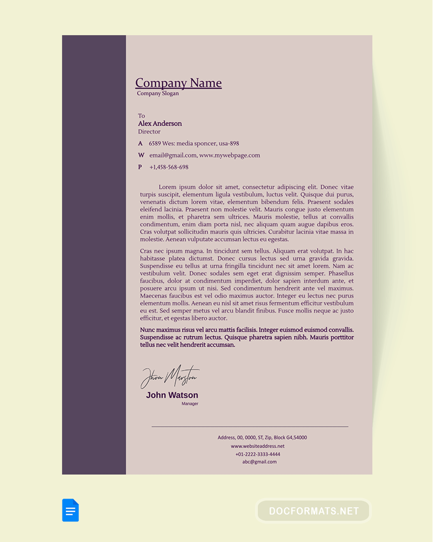 Matt Purple Letterhead Template - Google Docs