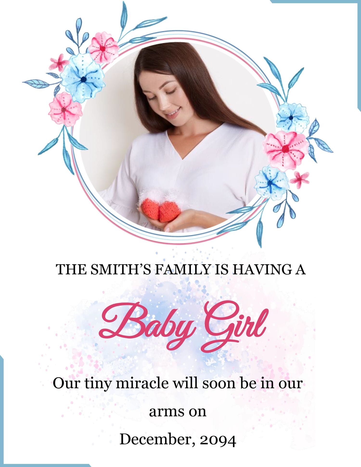 Pink and Blue Floral Pregnancy Announcement Template - Page 01