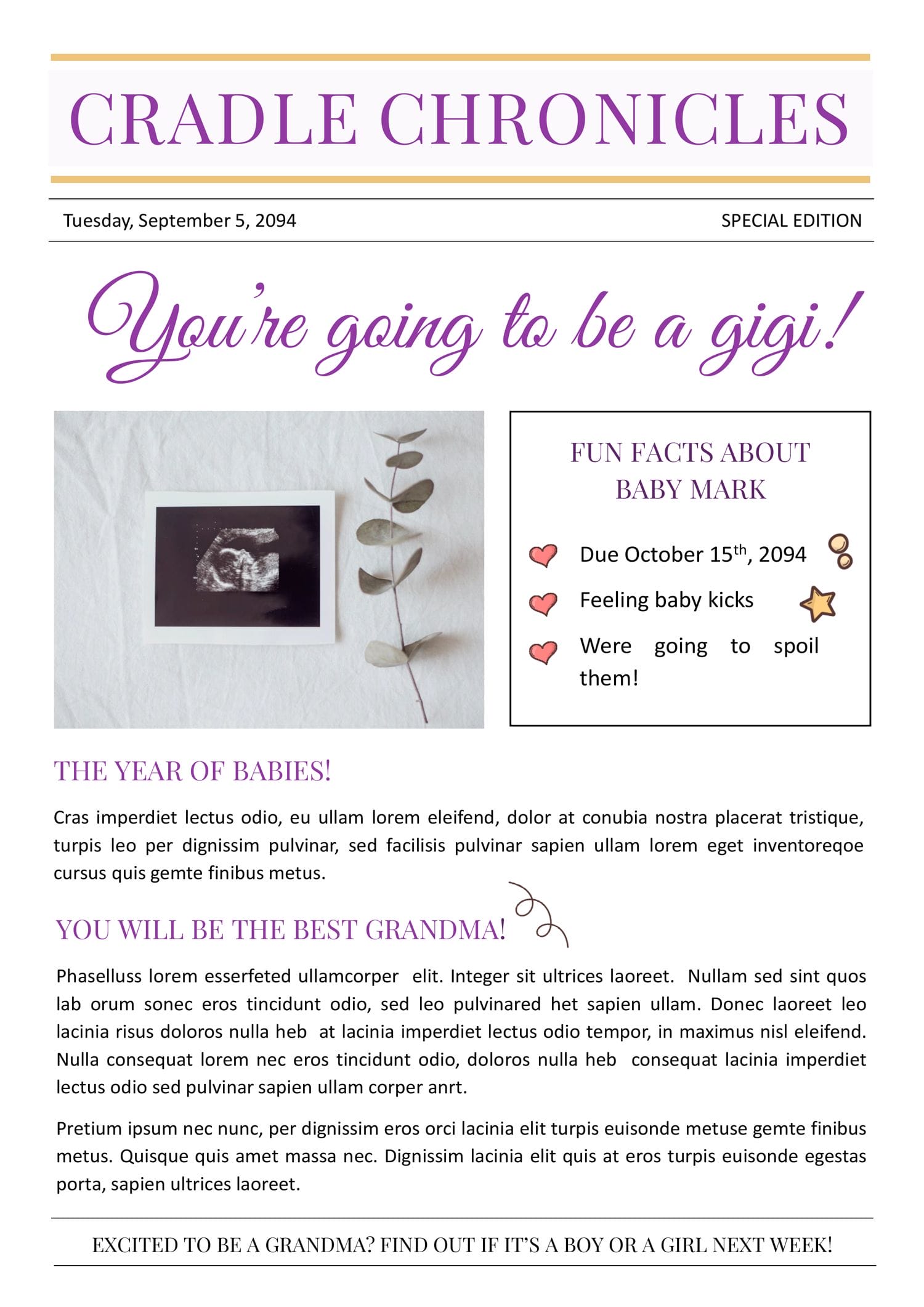 Pregnancy Reveal A4 Newspaper Template - Page 01