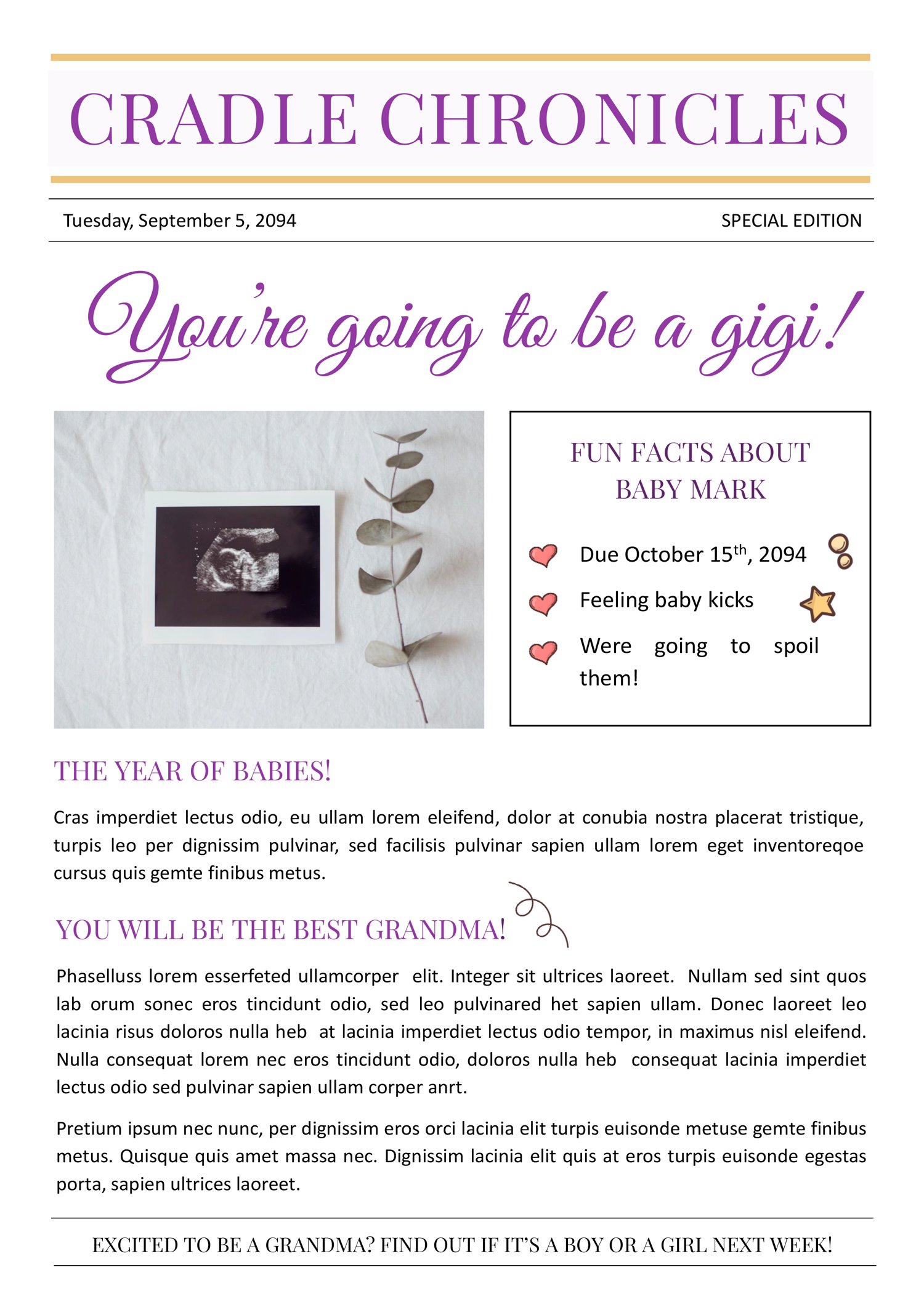 Pregnancy Reveal A4 Newspaper Template - Page 01