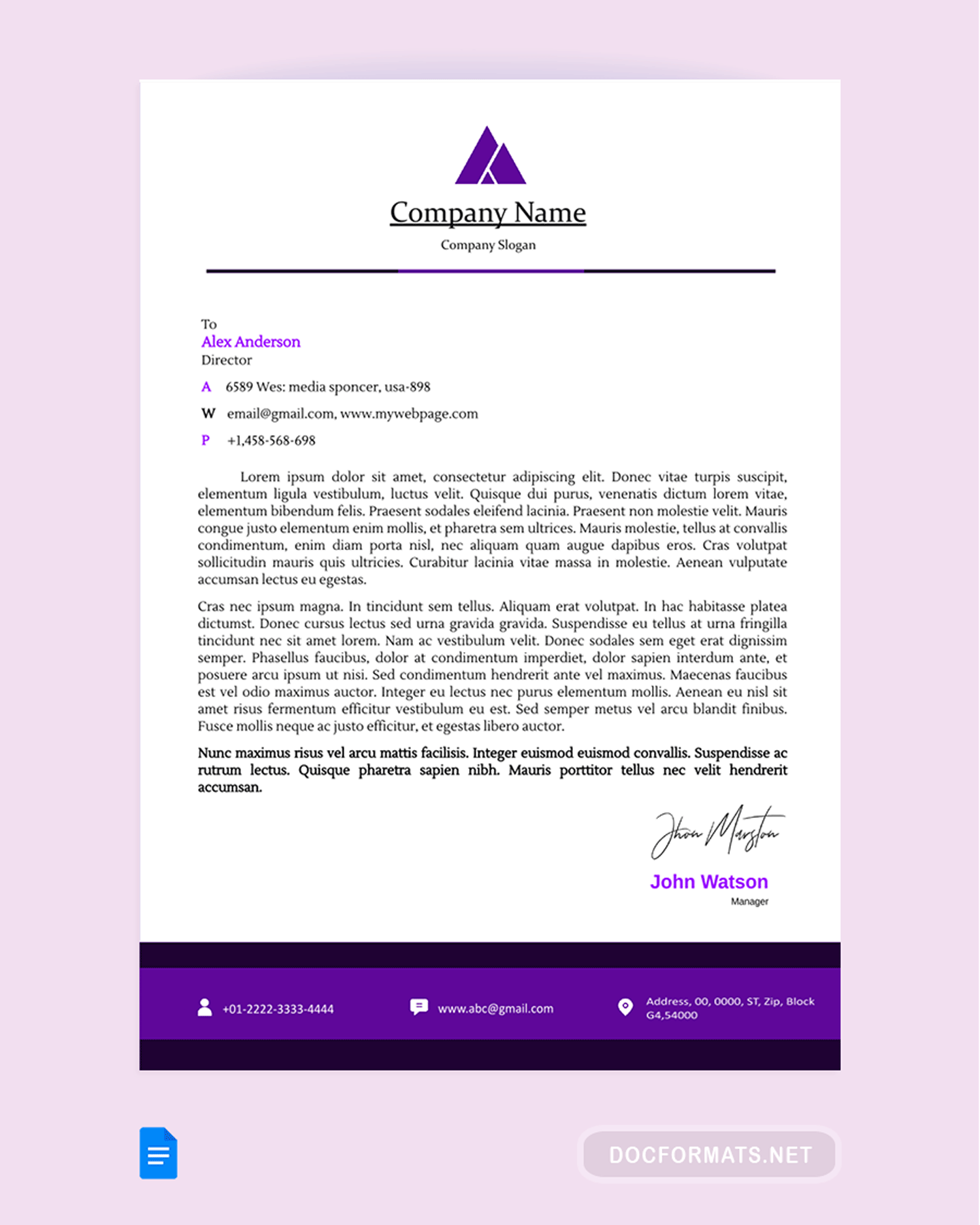 Purple Minimal Letterhead Template - Google Docs