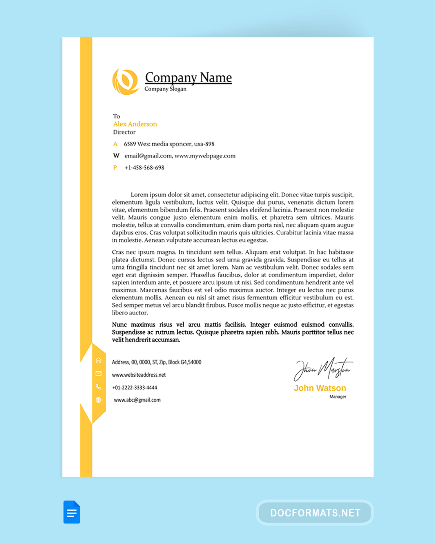 Side Border Yellow Letterhead Template - Google Docs