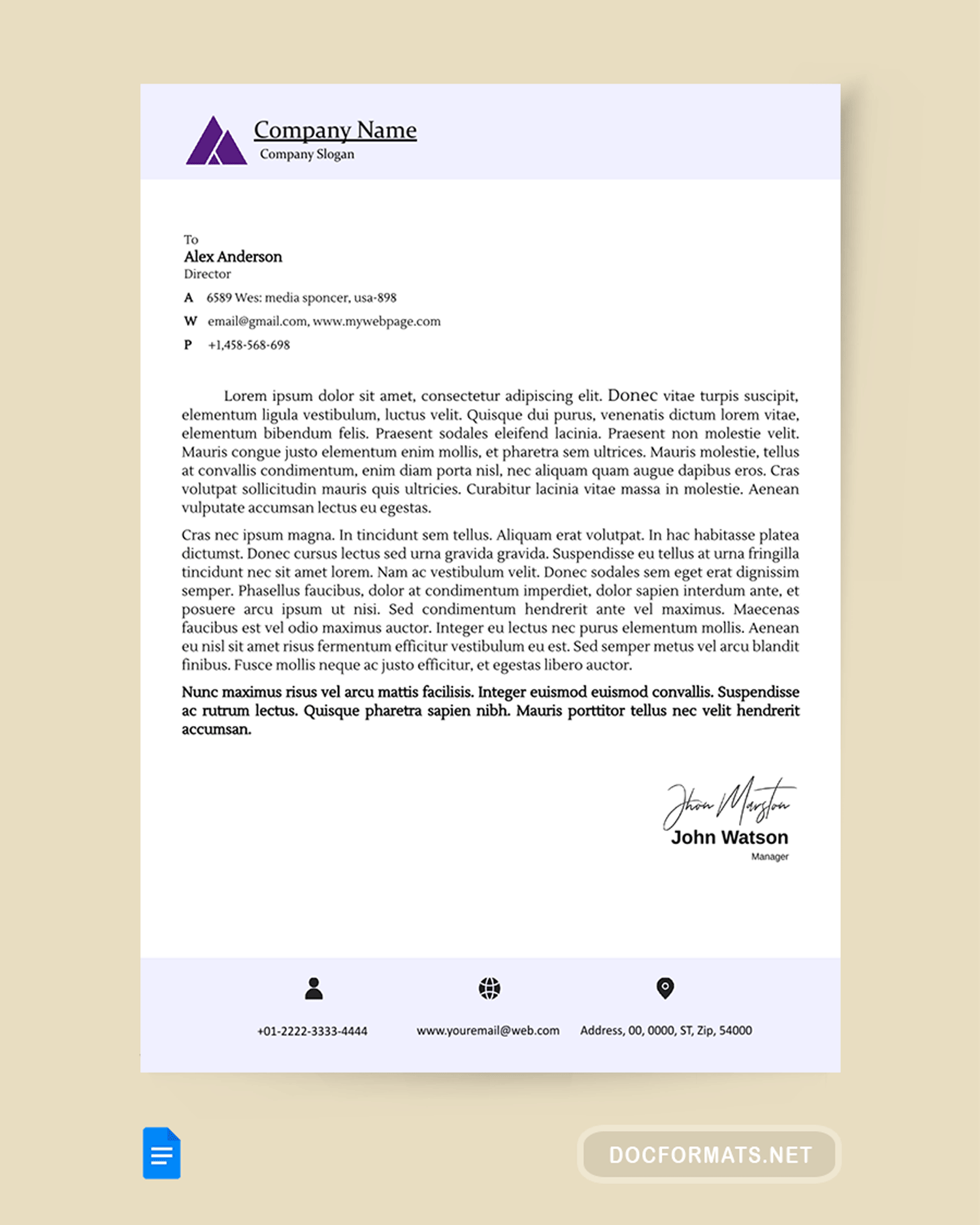 Simple Lilac Letterhead Template - Google Docs