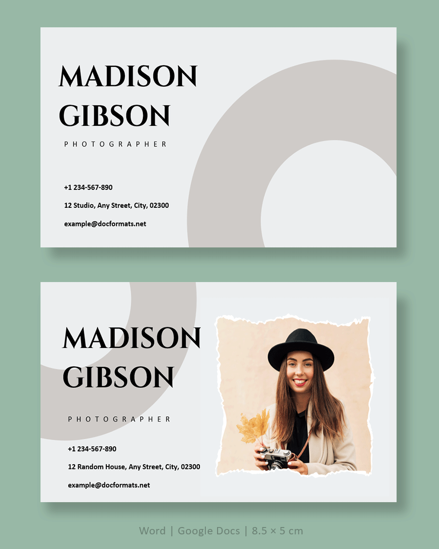 Grey Photographer Business Card - Word, Google Docs
