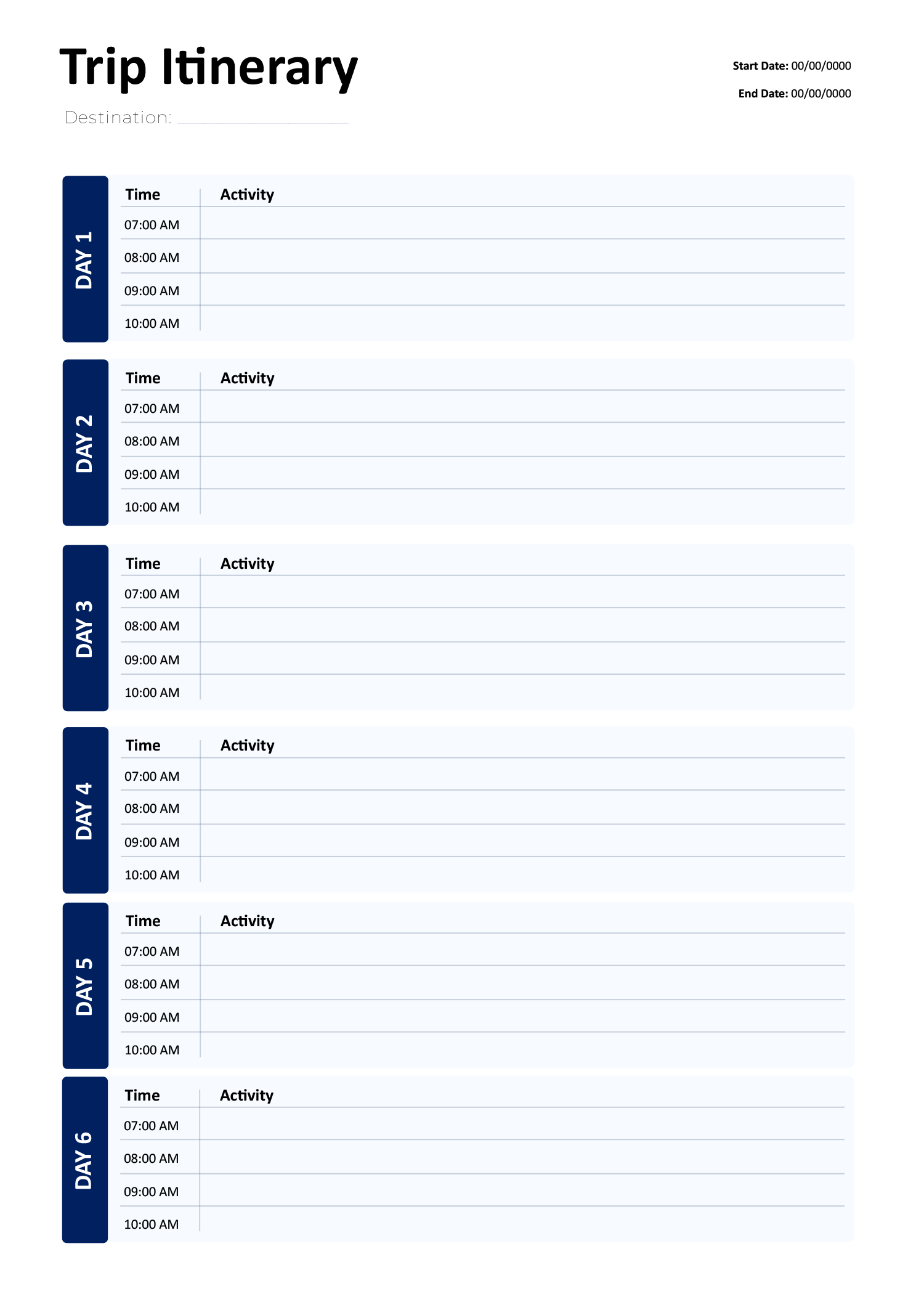 Blank Trip Itinerary Template - Word, Google Docs