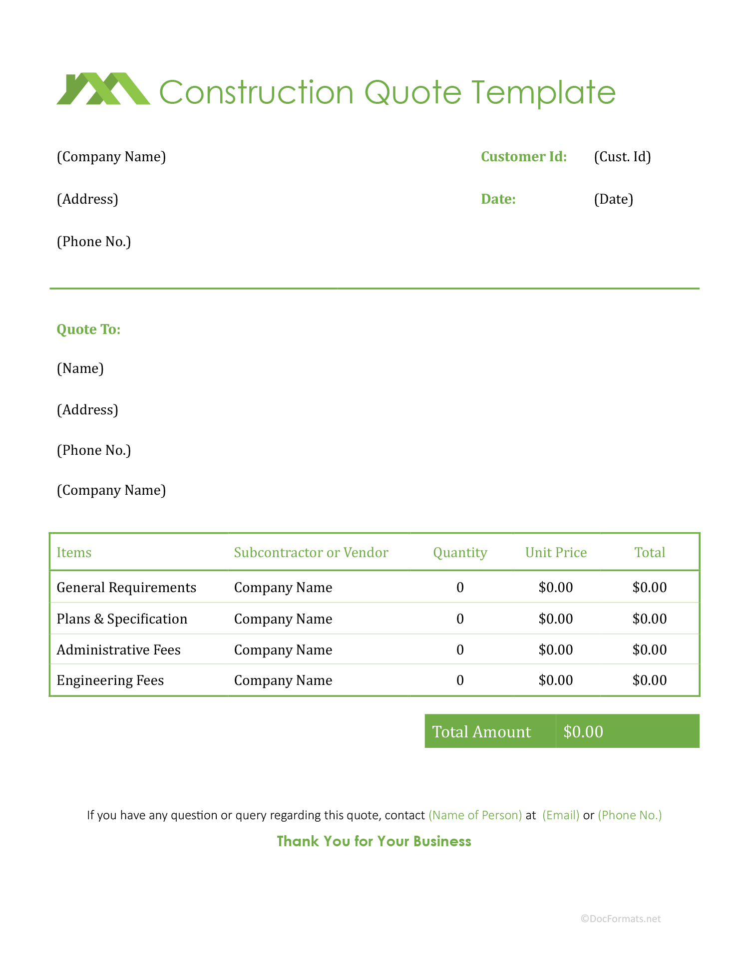 Building Construction Quote Template - Word, Google Docs, PDF, Excel, Google Sheets