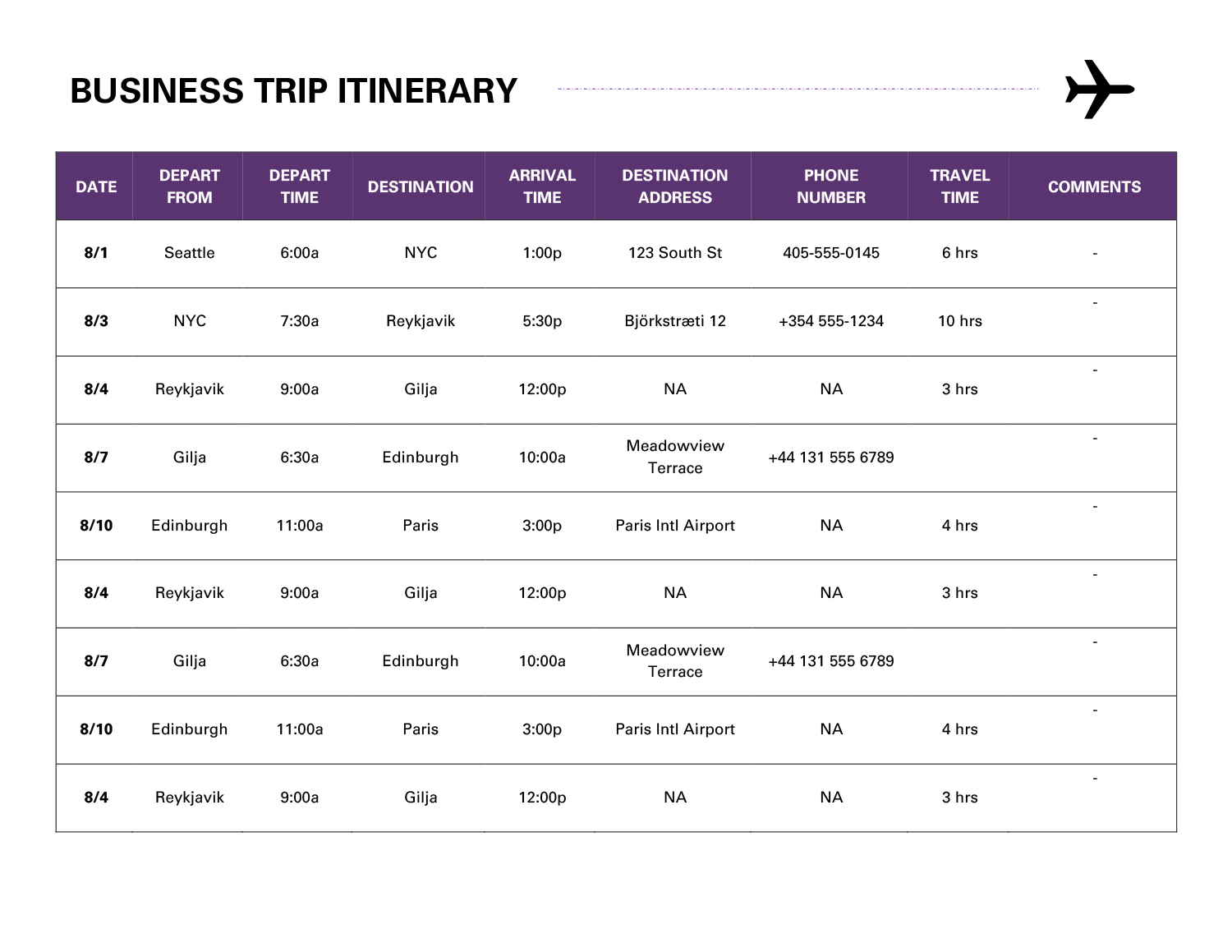 Business Trip Itinerary Template - Word, Google Docs