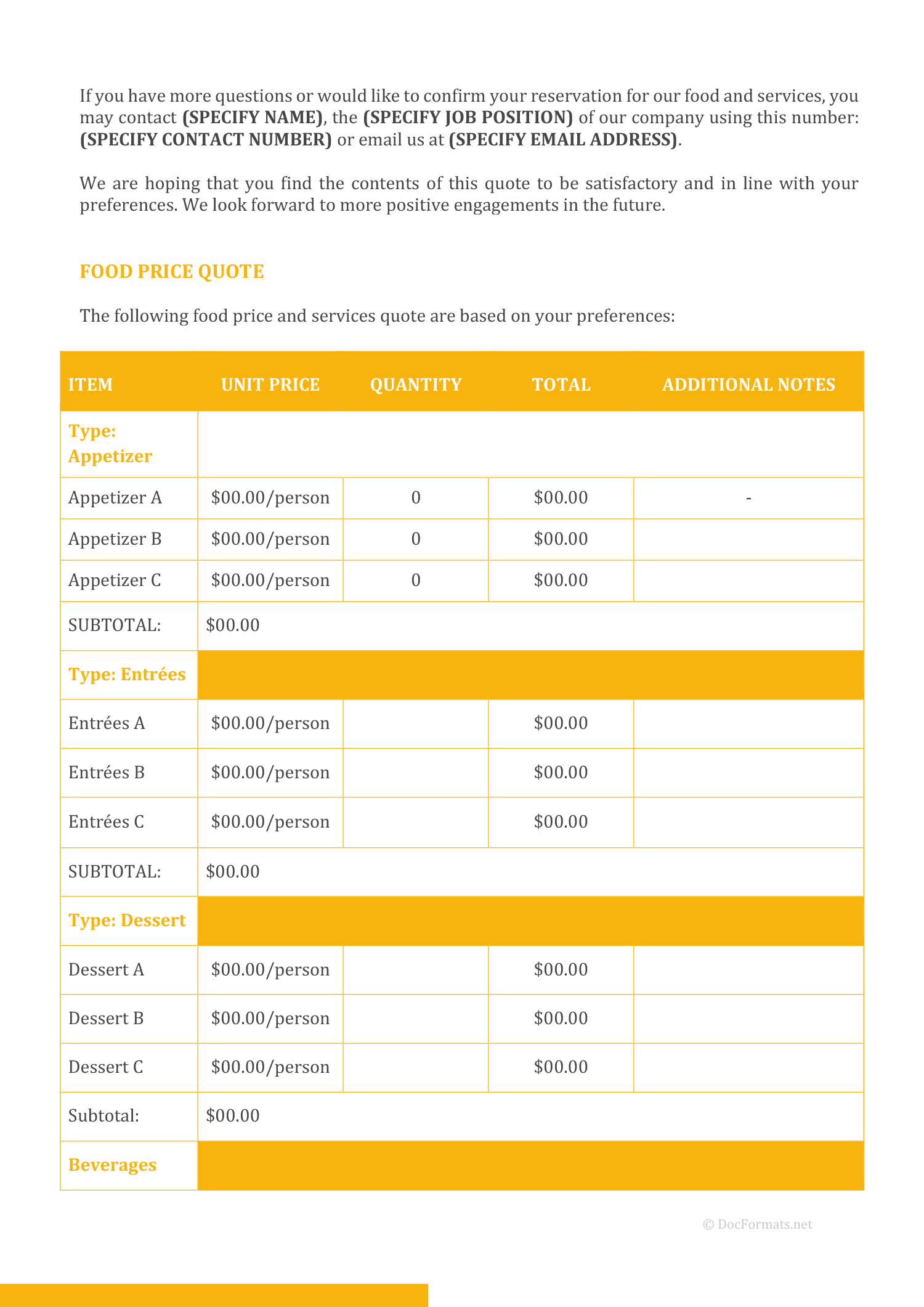 Catering Quotation Template - Page 02 - Word, Google Docs, PDF