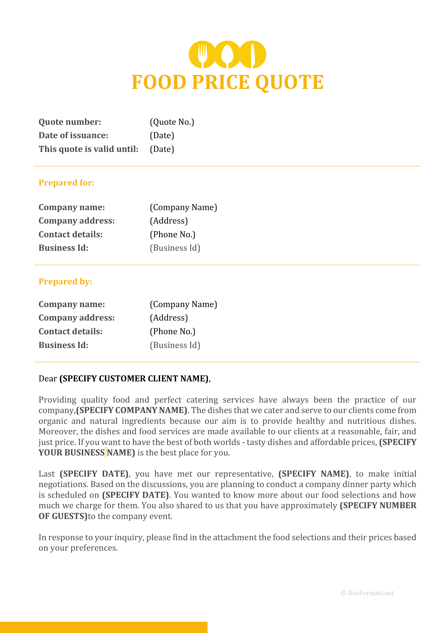 Catering Quotation Template - Word, Google Docs, PDF