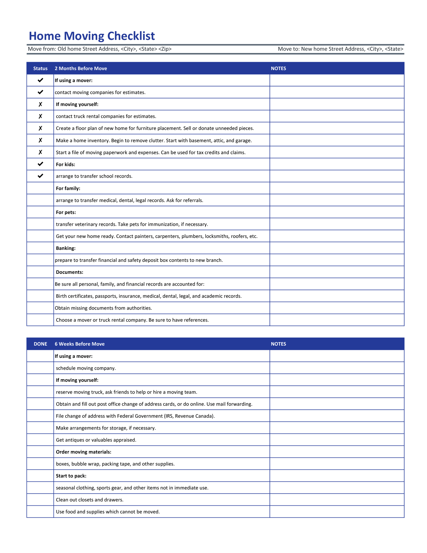 Checklist for Moving Into a New Home - Google Sheets, Excel