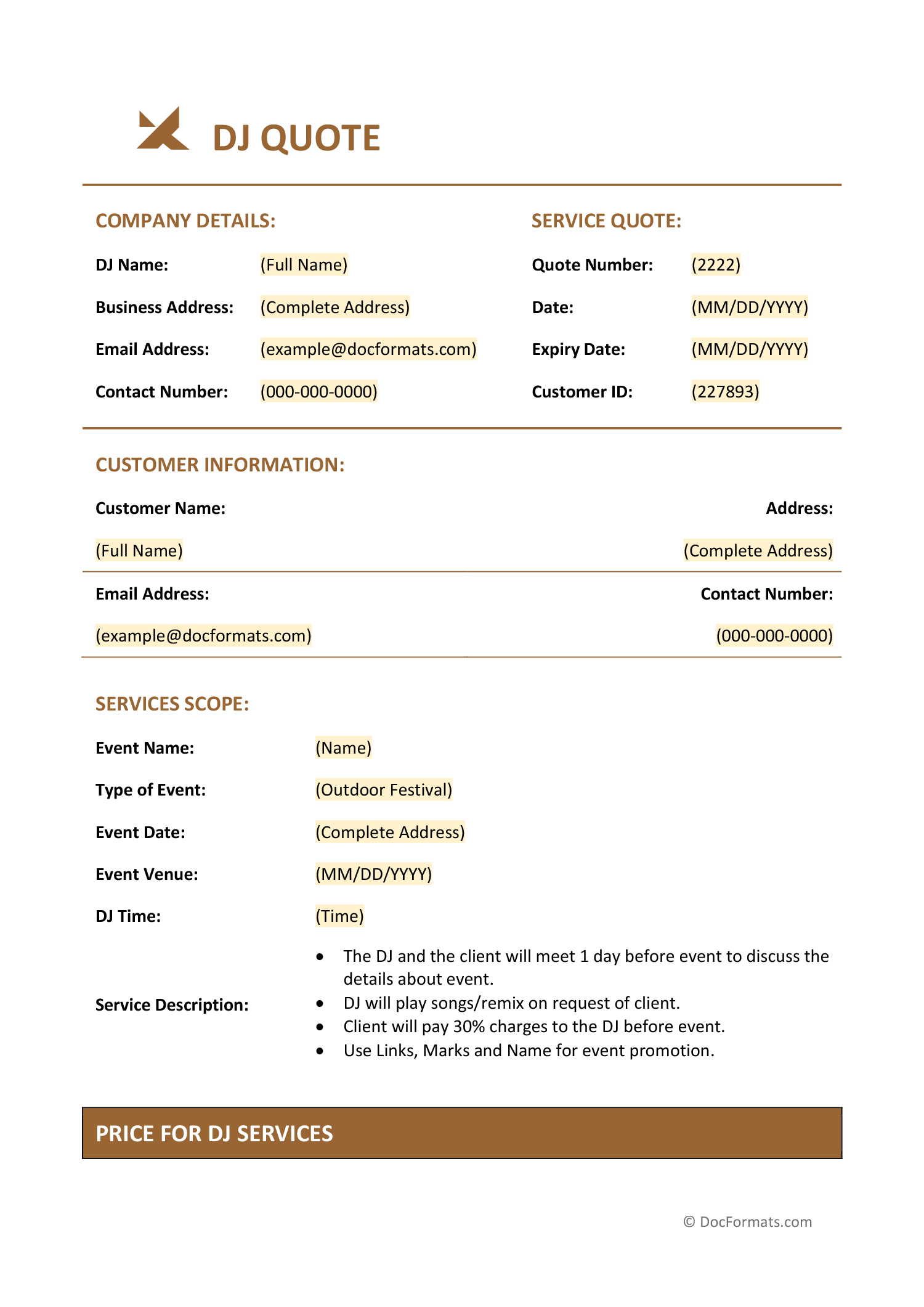 DJ Quote Template - Word, Google Docs, PDF