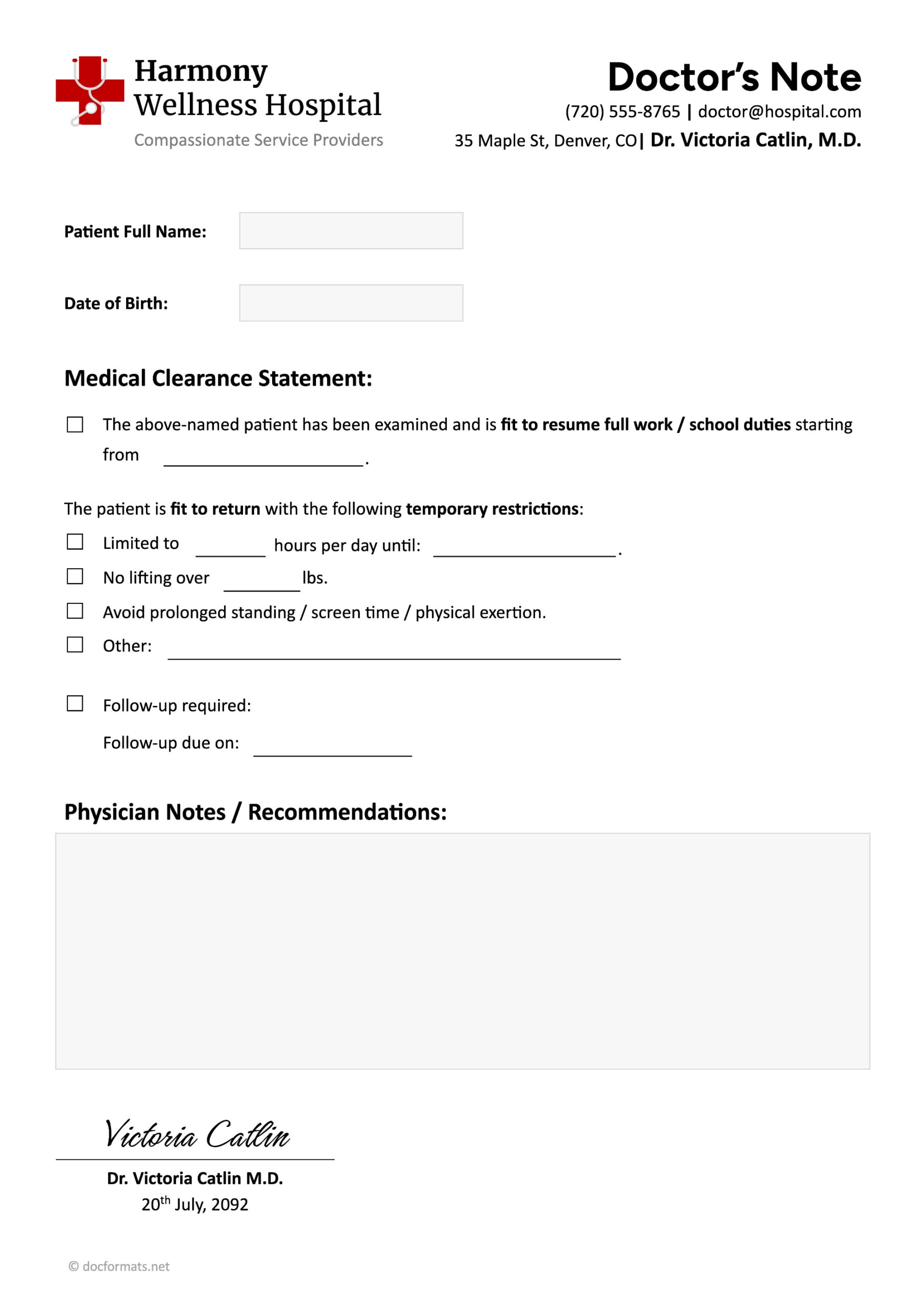 Doctor’s Fit Note Template in Word and Google Docs