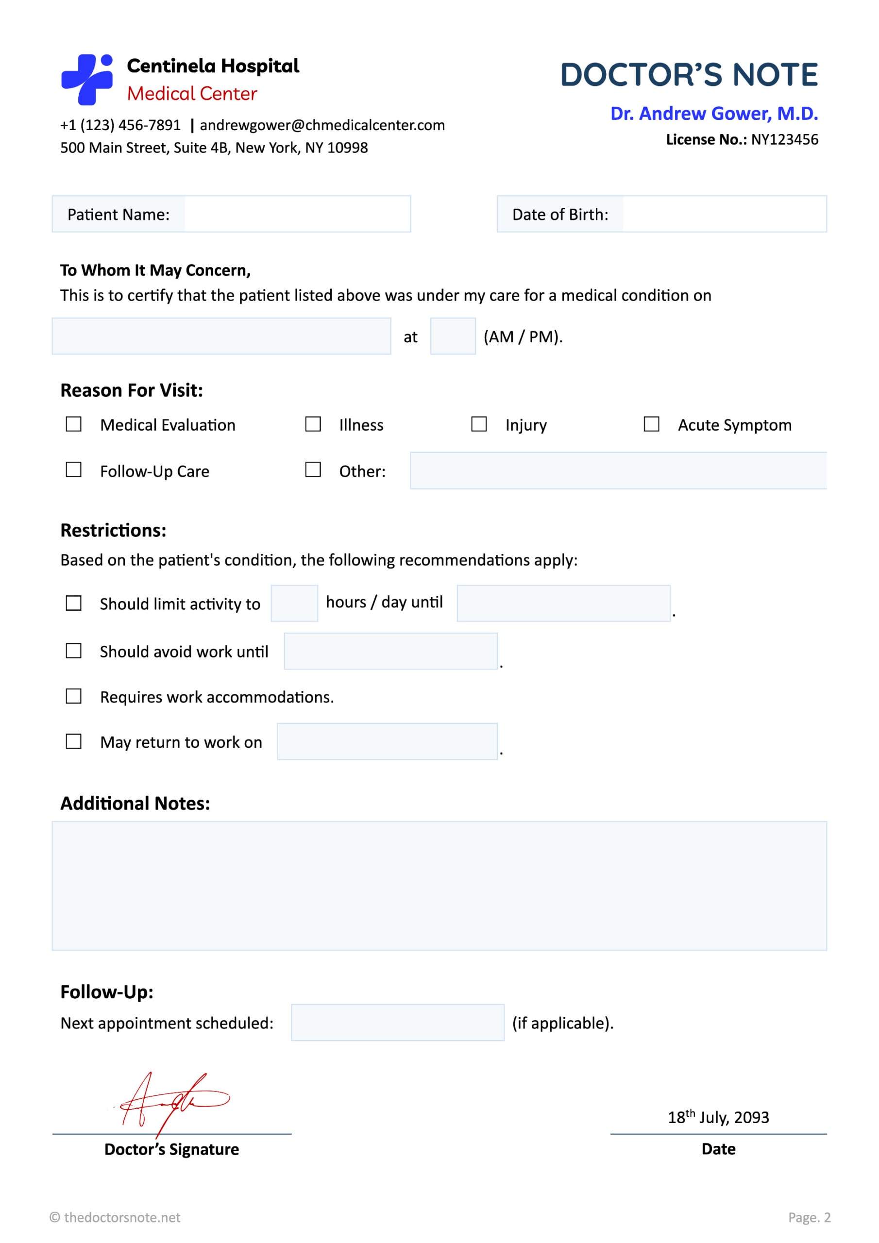 Doctors Sick Note for Work - Google Docs, Word