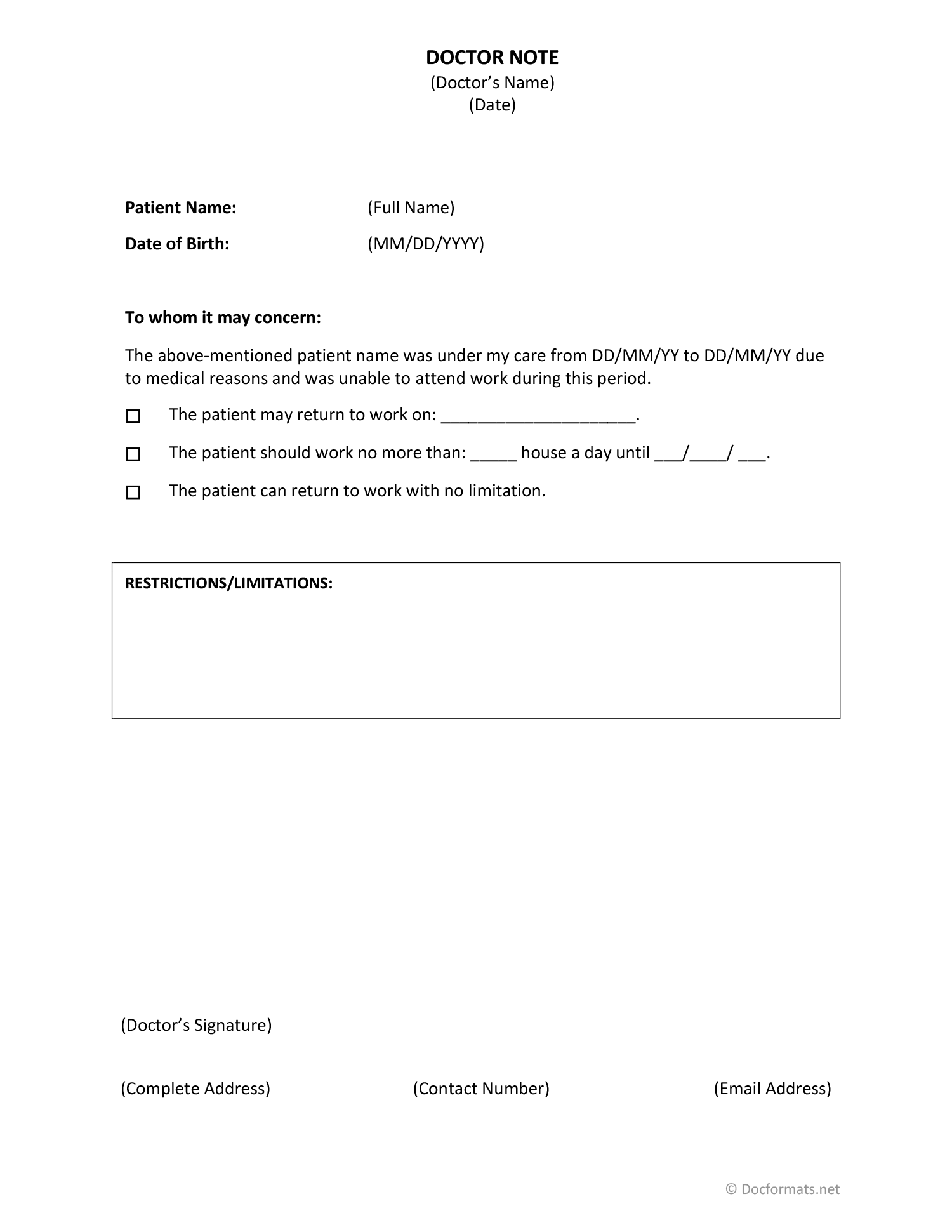 Doctors Note For Work - Word, Google Docs