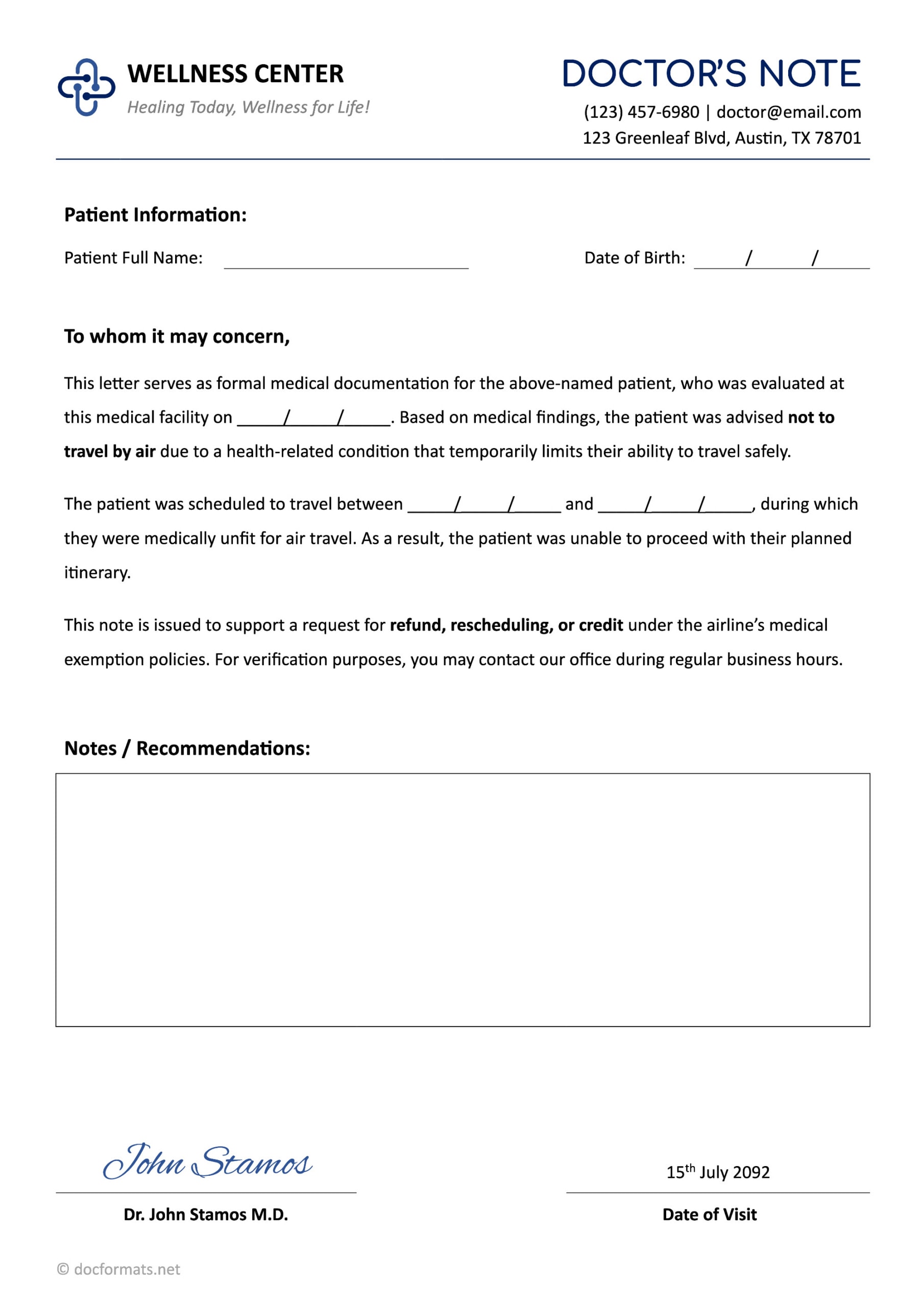 Doctor’s Note for Airline Refund Template - Google Docs, Word