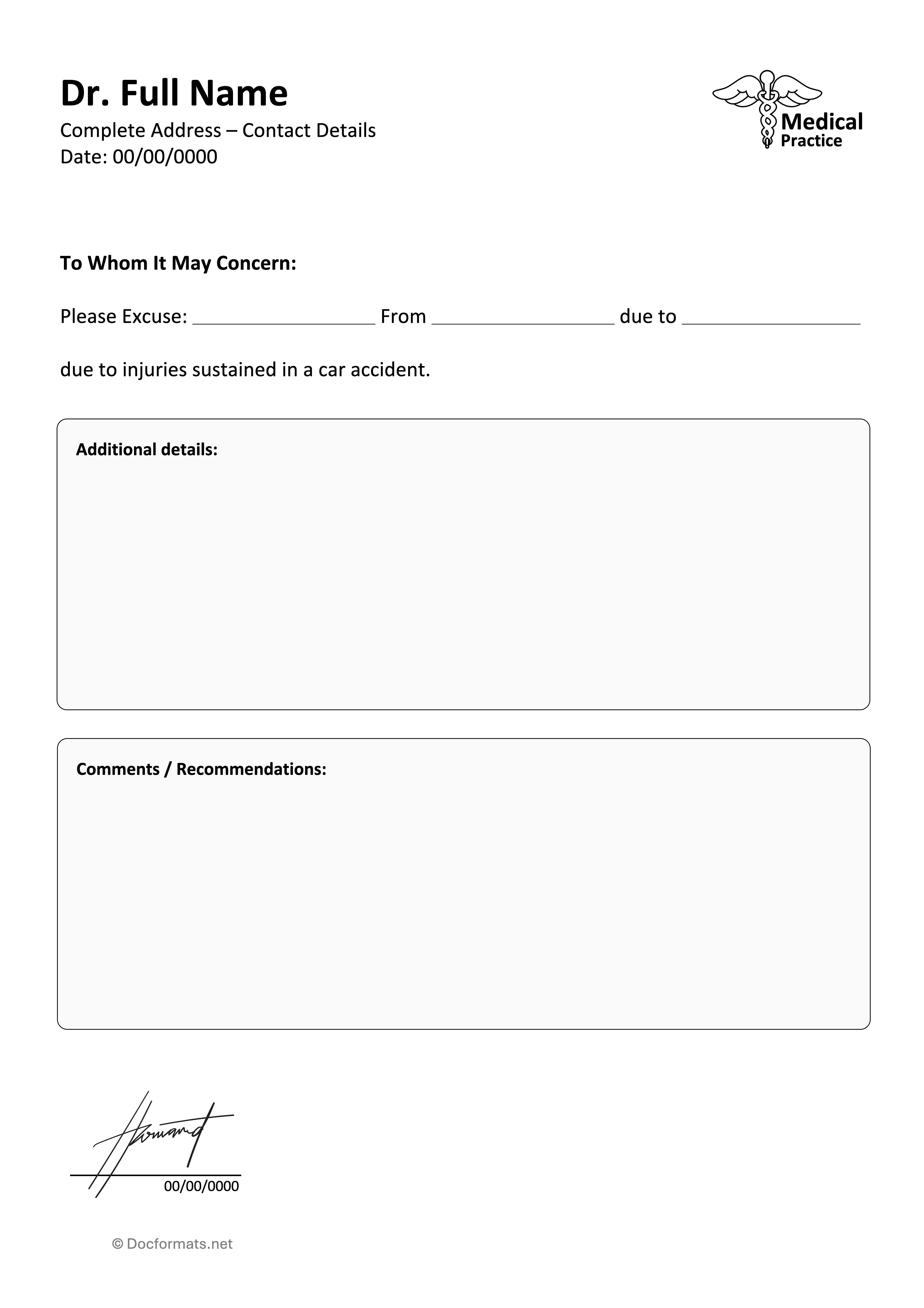 Doctors Note for Car Accident - Google Docs, Word