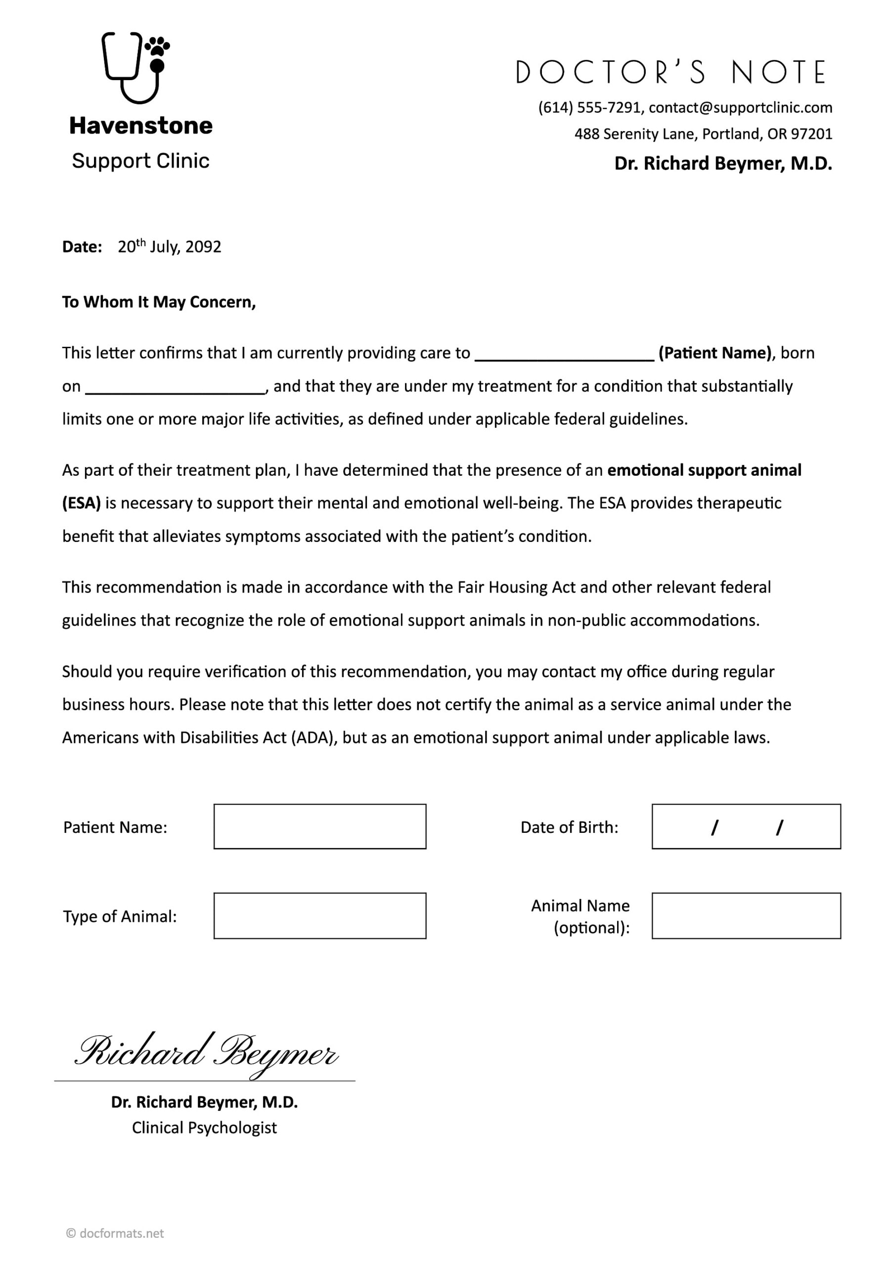 Doctor’s Note for Emotional Support Animal (ESA)