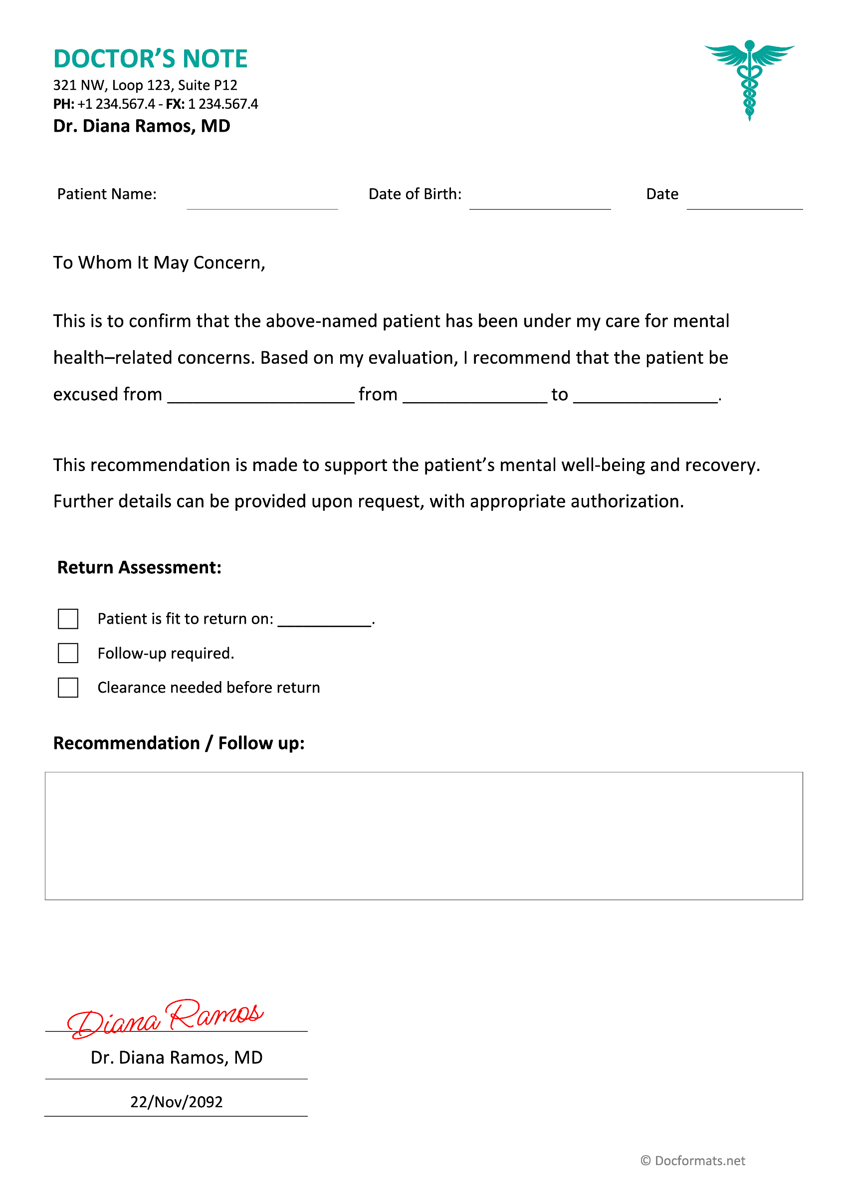 Doctors Note for Mental Health - Word and Google Docs