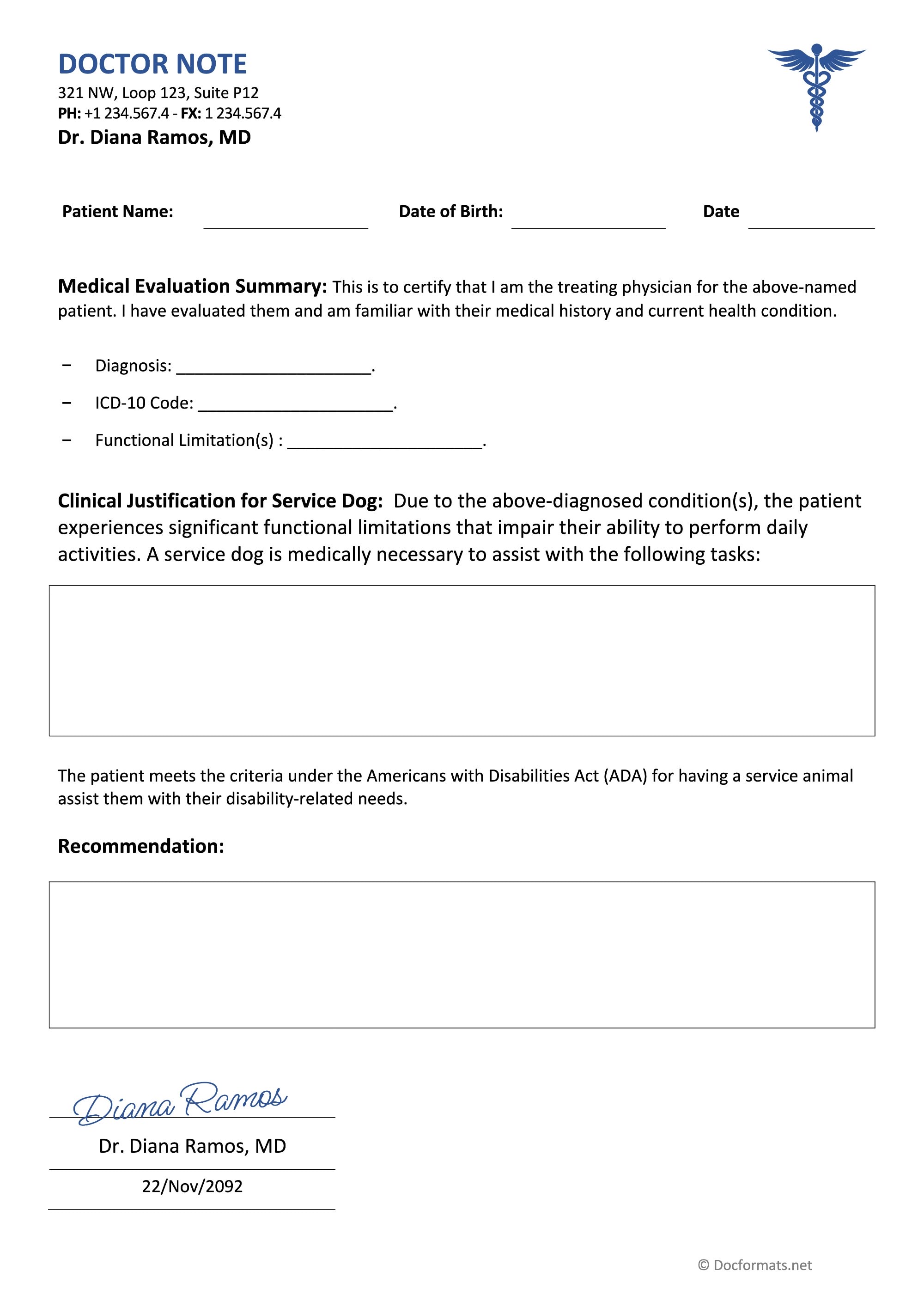 Doctors Note for Service Dog - Preview - Editable in Word and Google Docs