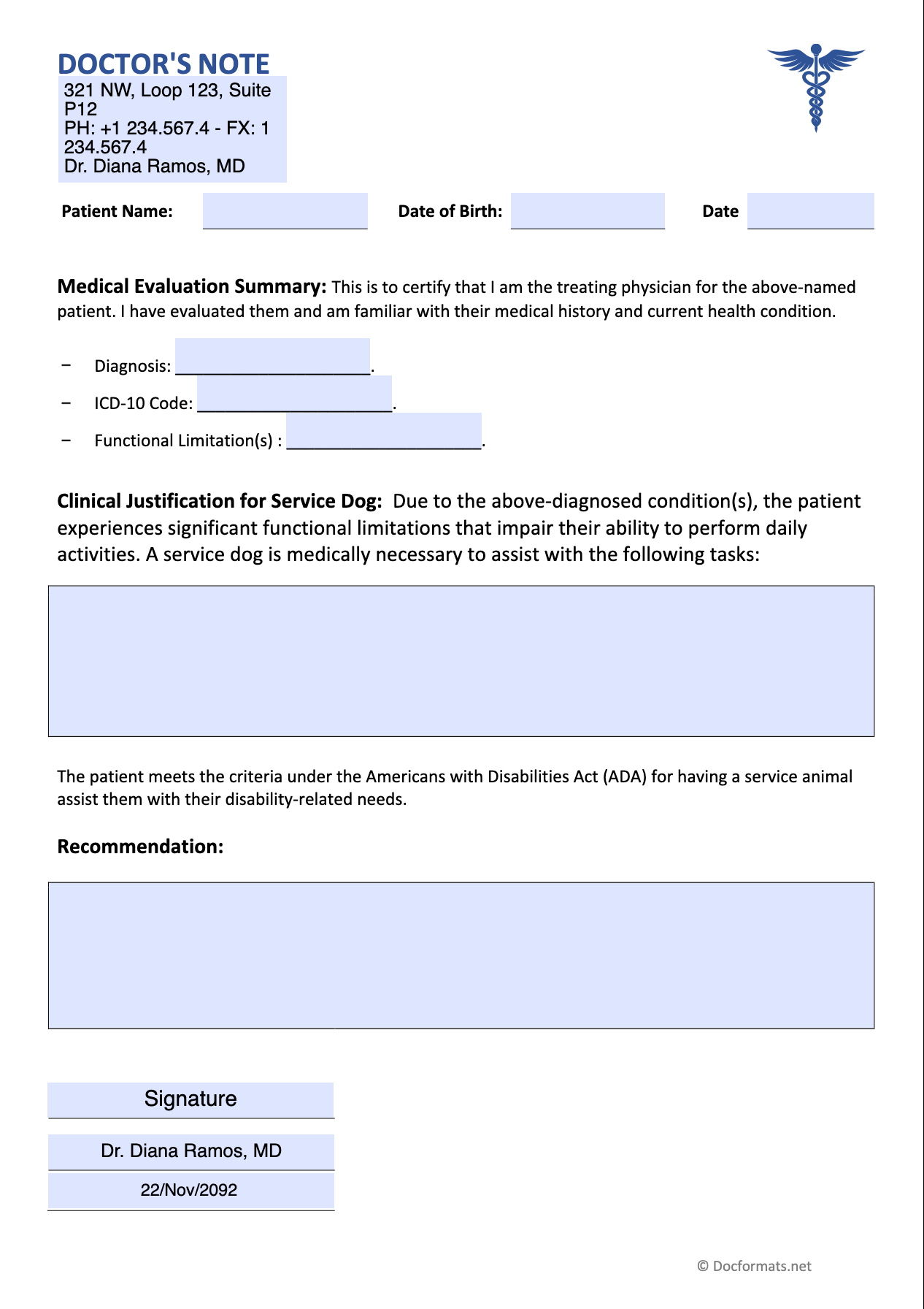Doctors Note for Service Dog in Fillable PDF