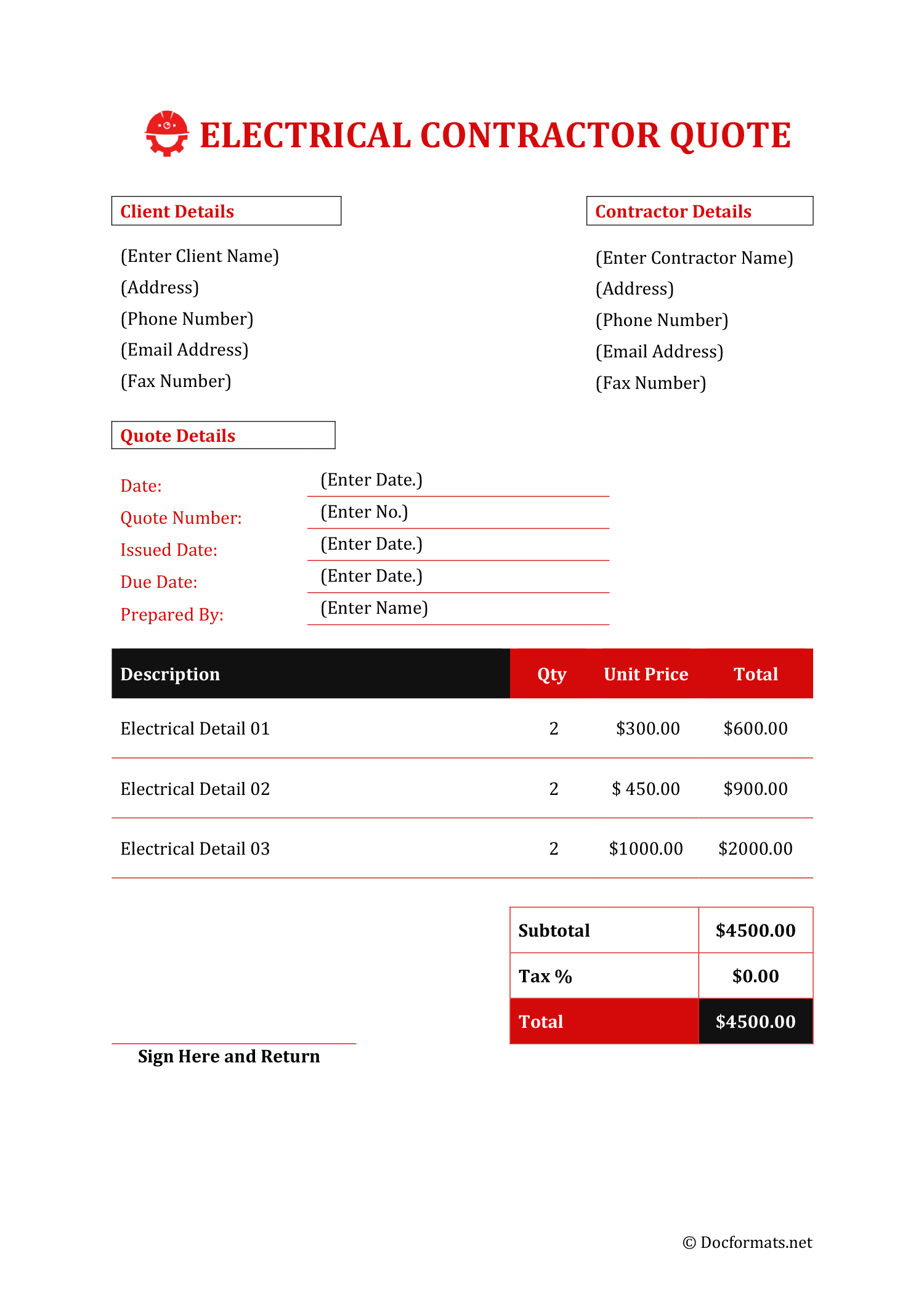 Electrical Contractor Quote Template - Word, PDF, Excel, Google Sheets