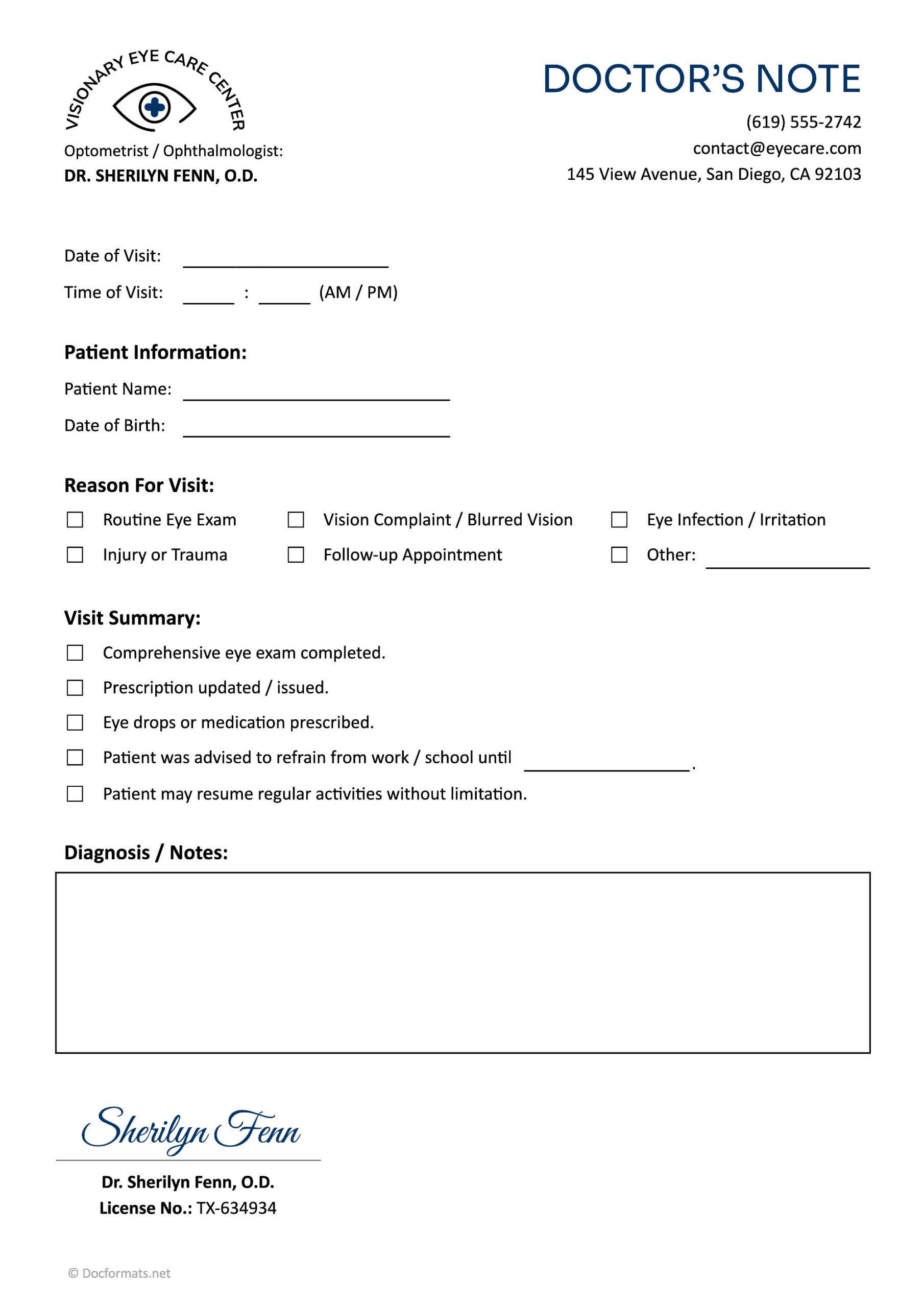 Eye Doctor Note Template - Google Docs, Word