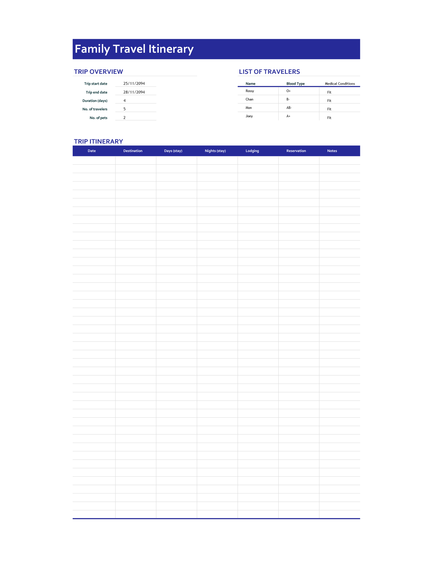 Family Travel Itinerary Template - Excel, Google Sheets