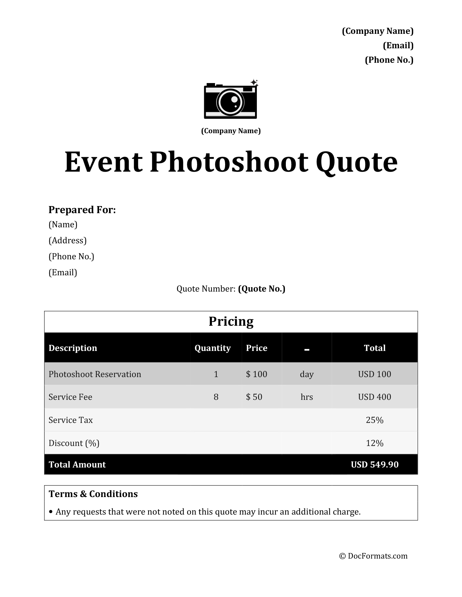 Freelance Photography Quote Template - Word, Google Docs, Google Sheets, PDF