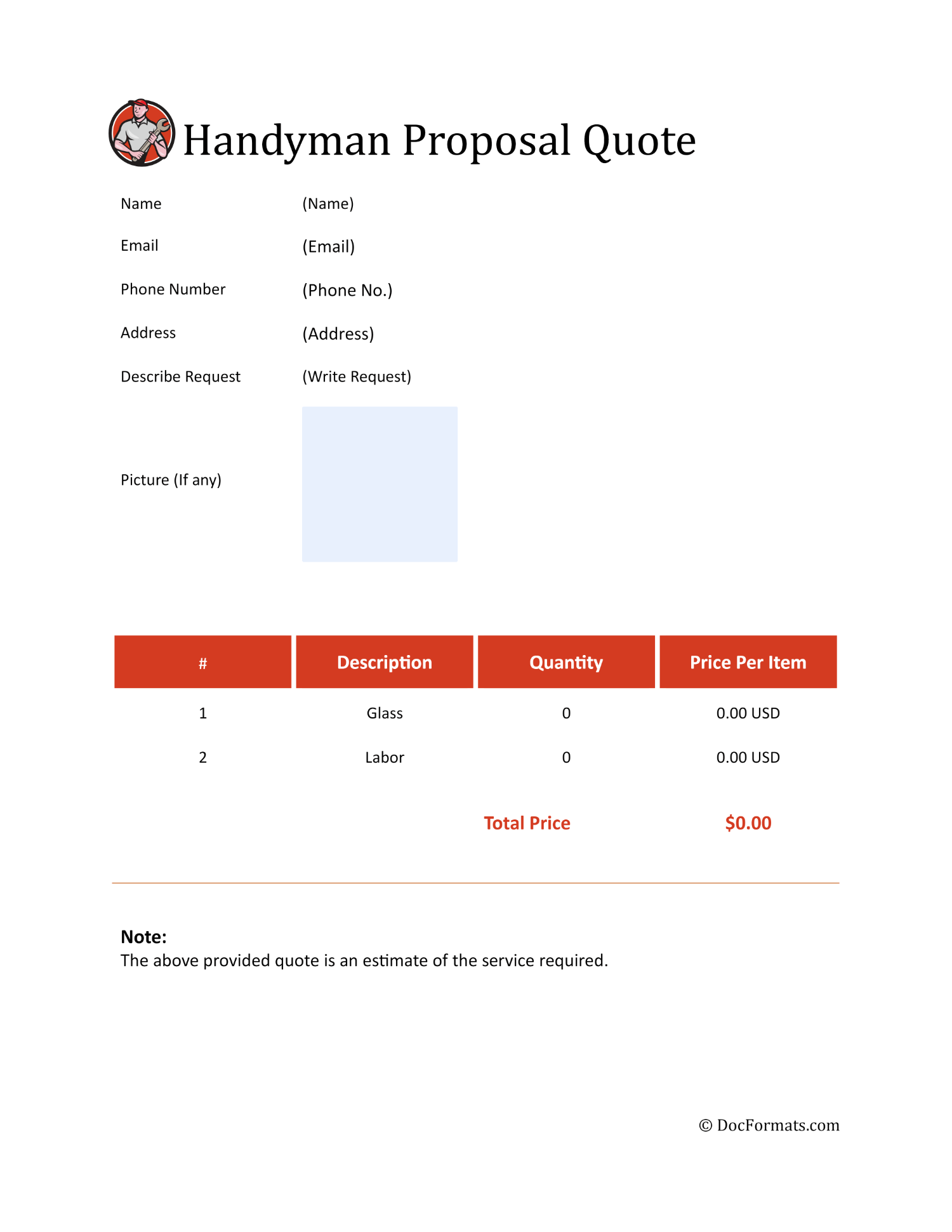 Handyman Proposal Quote Template - Word, Google Docs, Excel, Google Sheets, PDF