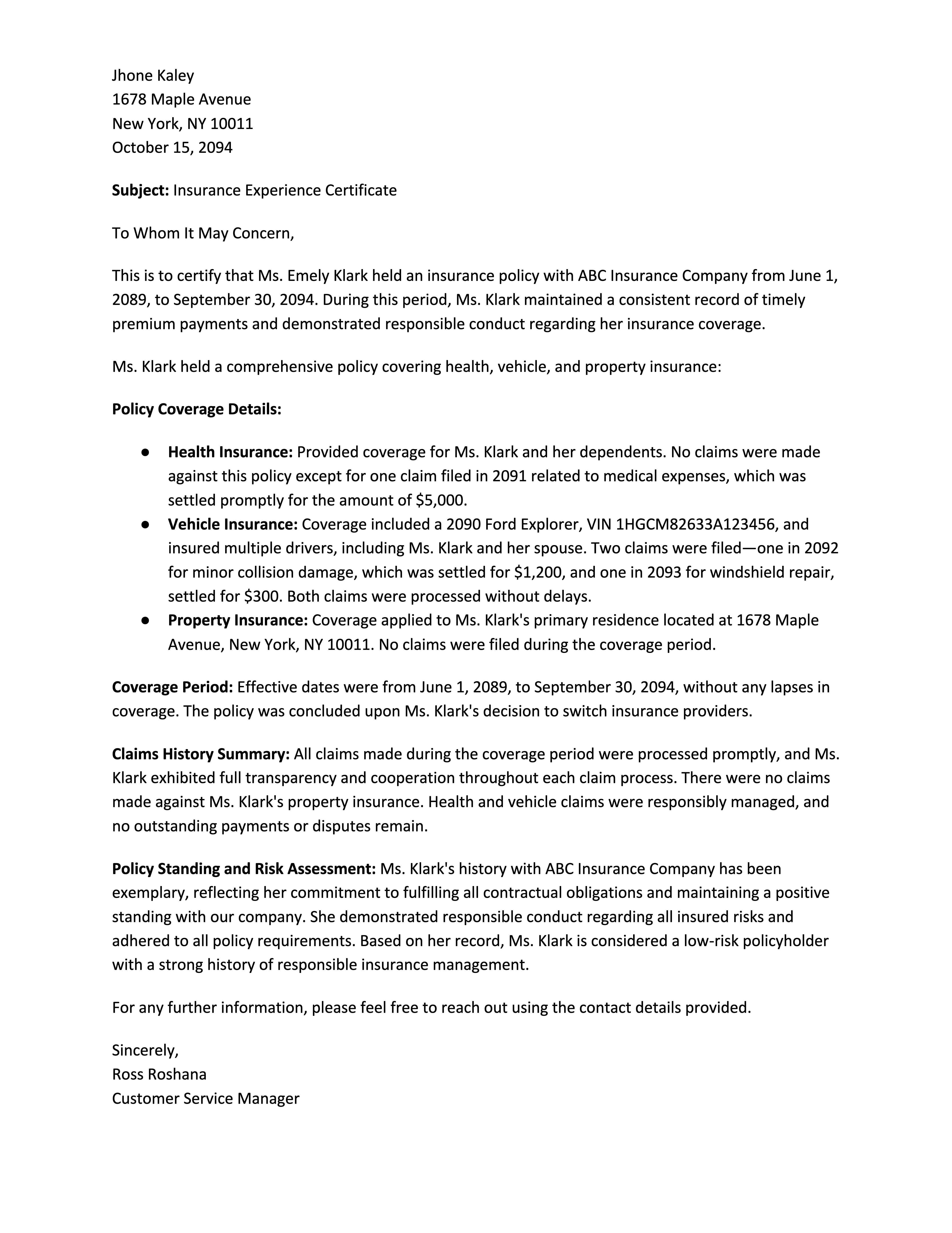 Insurance Letter of Experience - Google Docs, Word