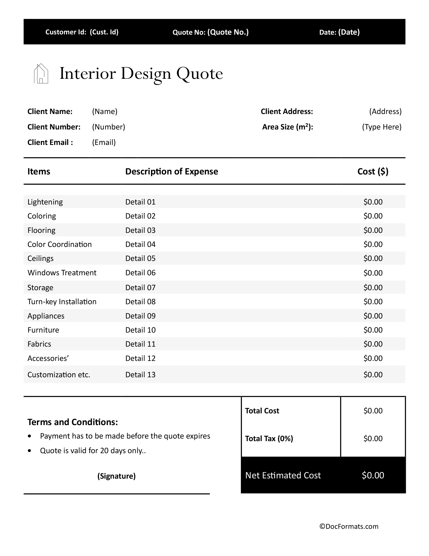 Interior Design Quote Template - Word, Google Docs, PDF, Excel, Google Sheets