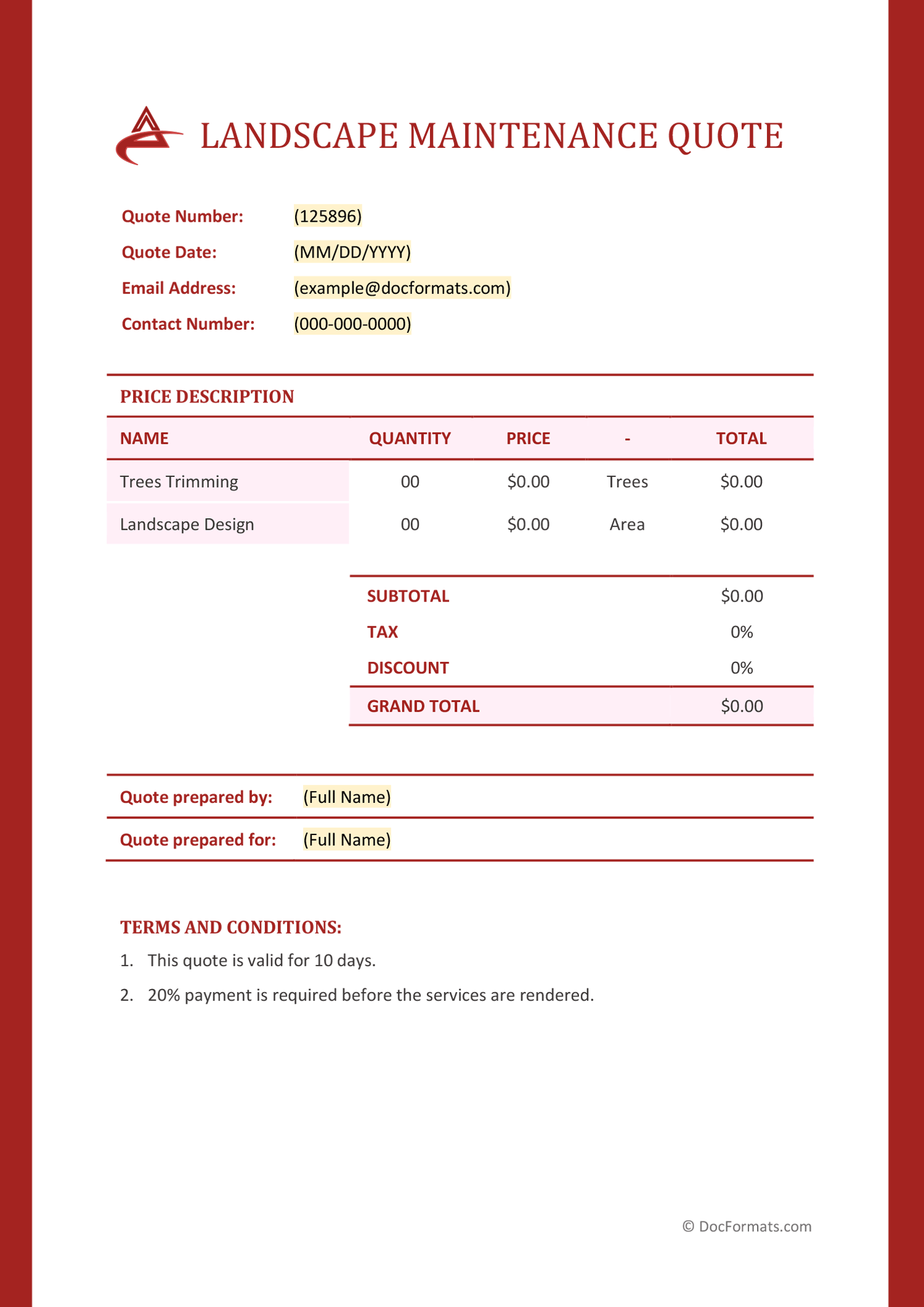 Landscape Maintenance Quote Template - Word, Google Docs, Excel, Google Sheets, PDF