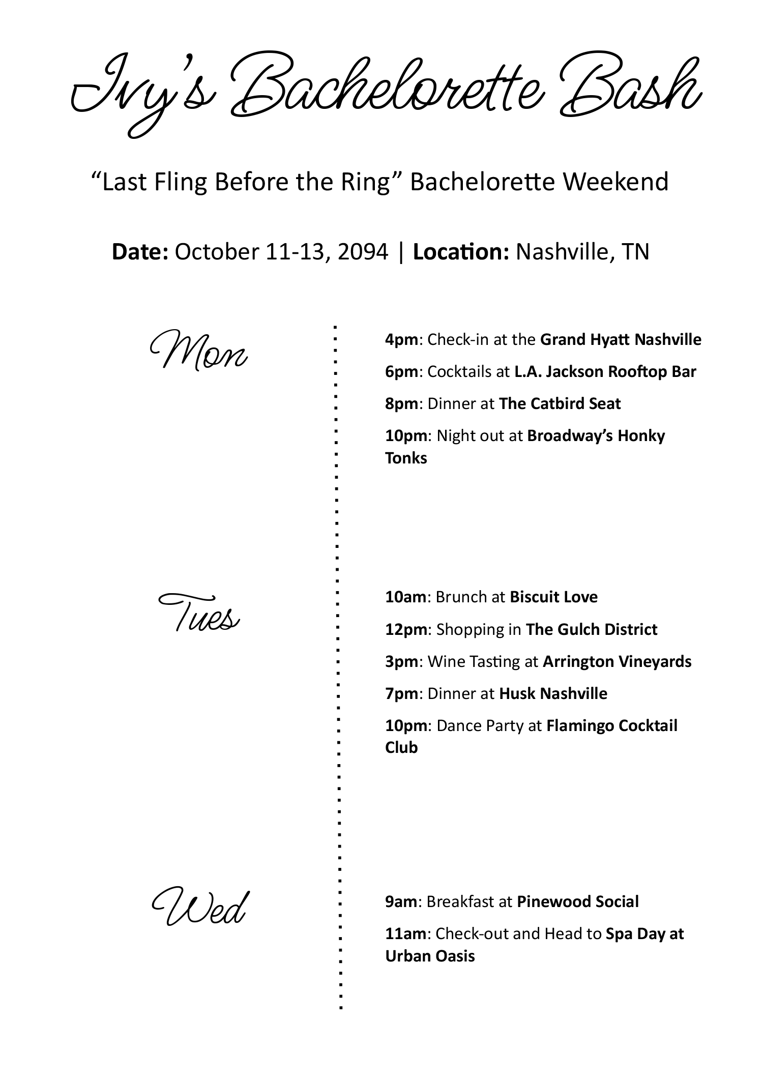 Minimal Bachelorette Itinerary Template - Word, Google Docs