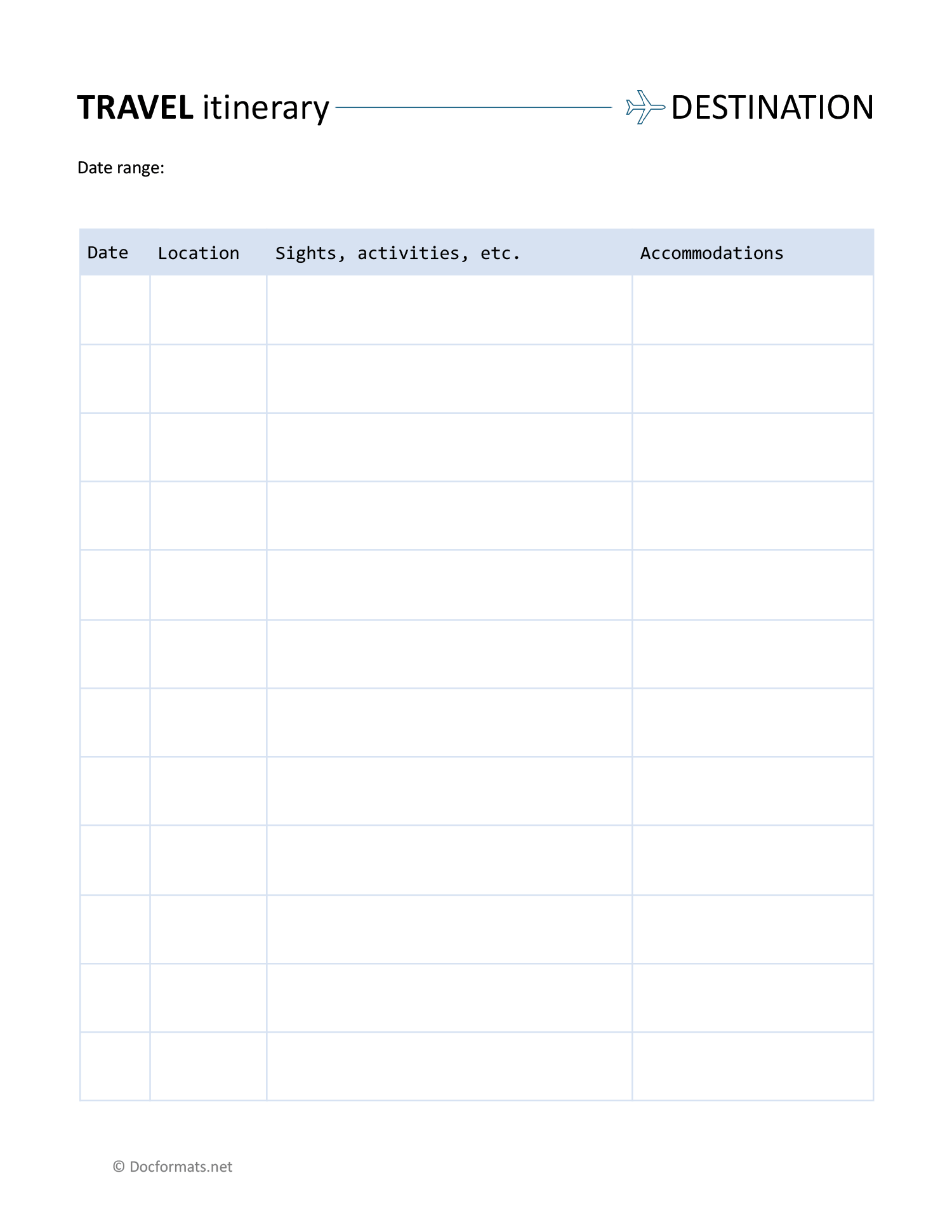 Minimal Travel Itinerary Template - Word, Google Docs