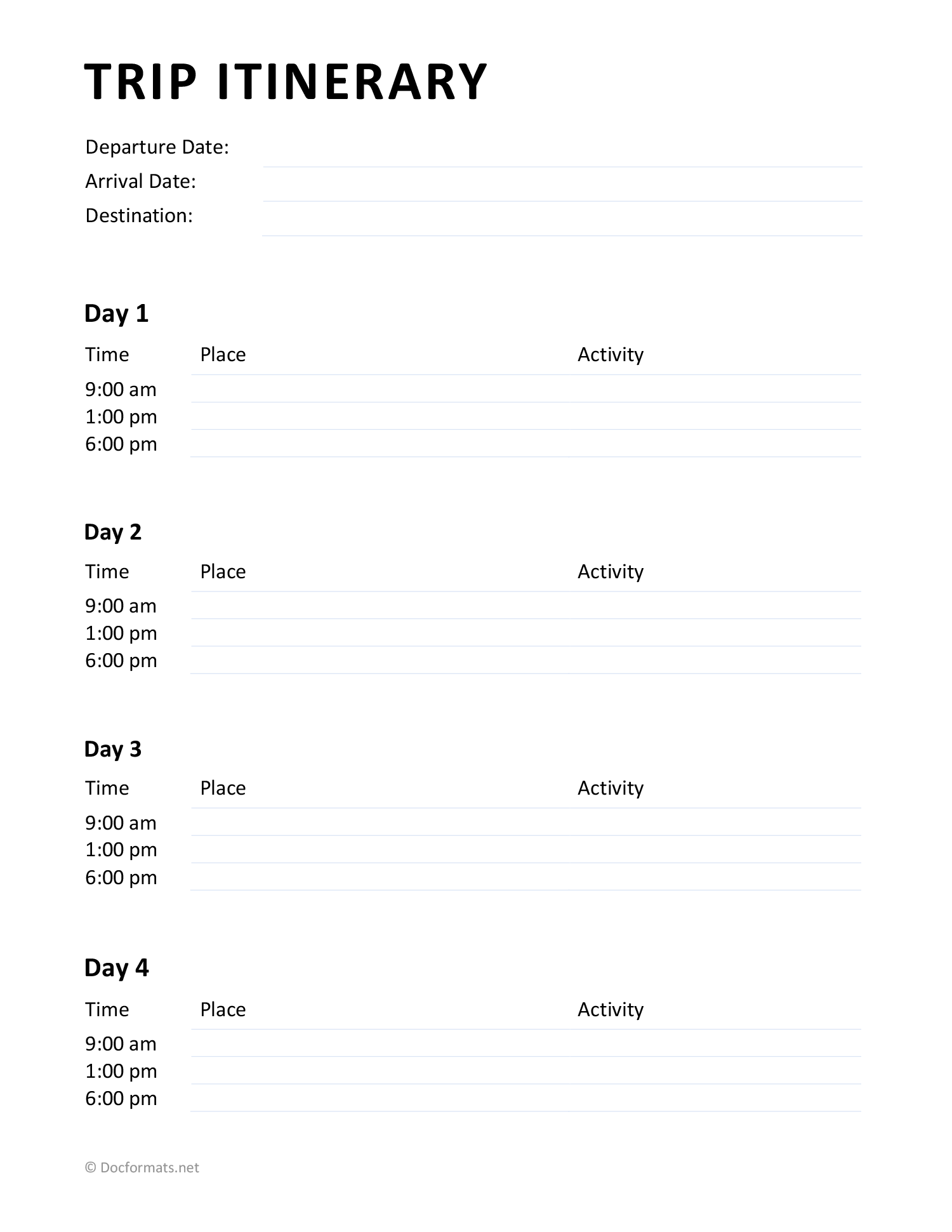Minimal Trip Itinerary Template - Word, Google Docs