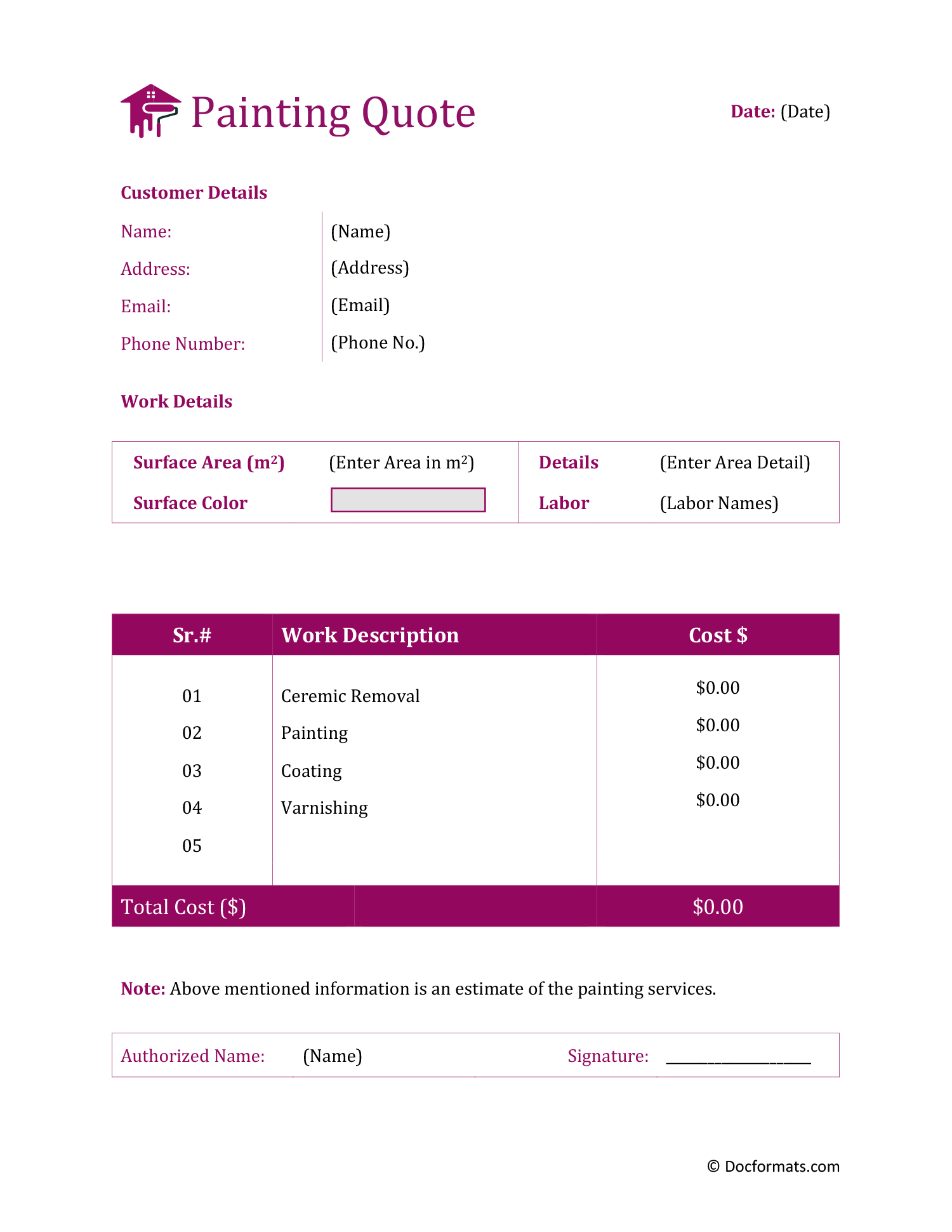 Painting Quote Template - Word, Google Docs, PDF, Excel, Google Sheets