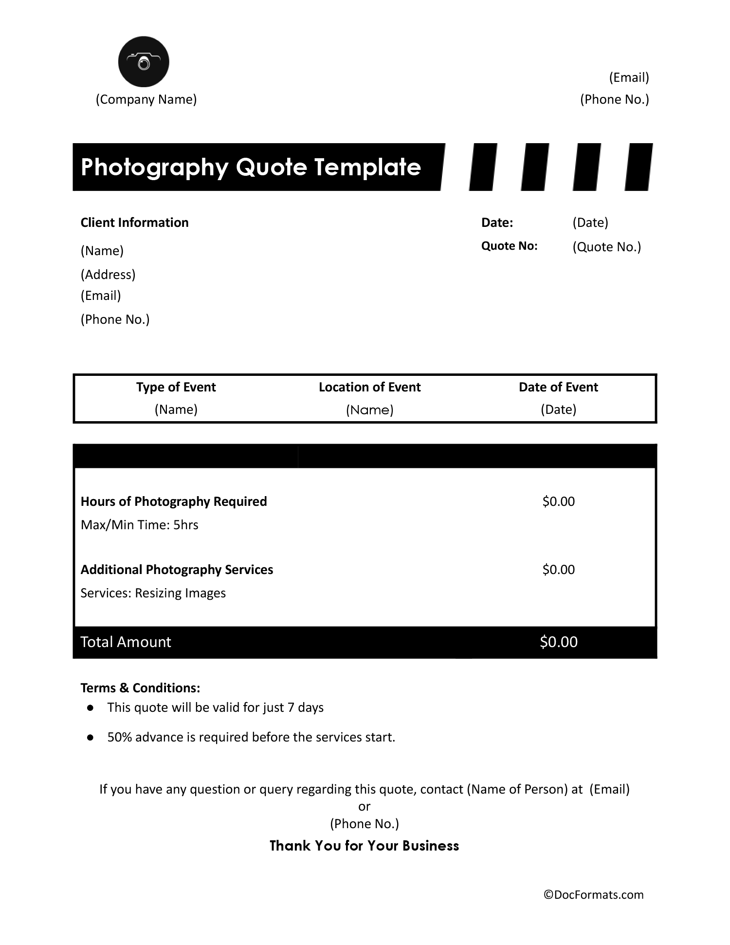 Photography Quote Template - Word, Google Docs, PDF, Excel, Google Sheets