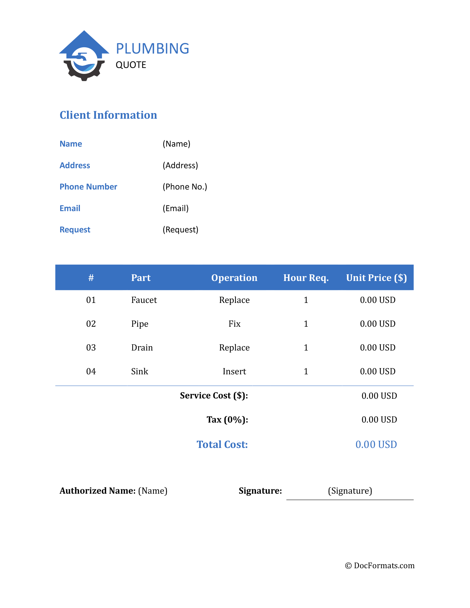 Plumbing Quote Template - Word, Google Docs, Excel, Google Sheets, PDF