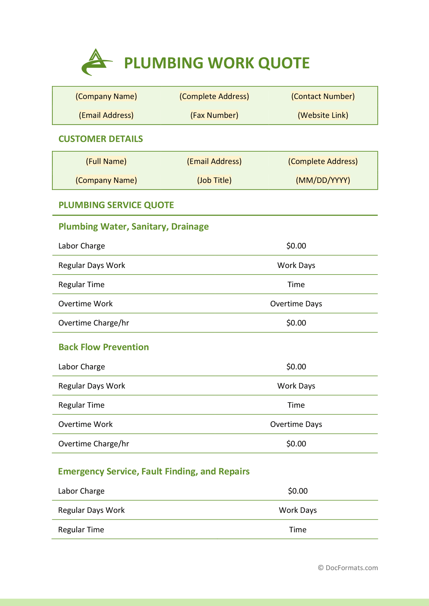 Plumbing Work Quote Template - Word, Google Docs, PDF