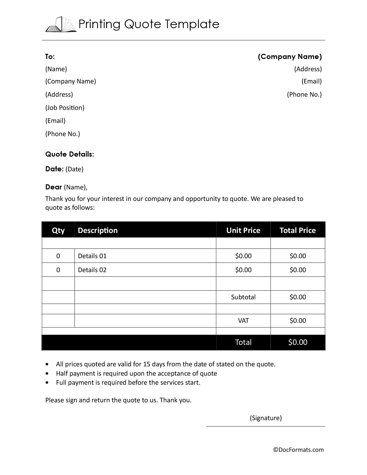 Printing Quote Template - Word, Google Docs, Excel, Google Sheets