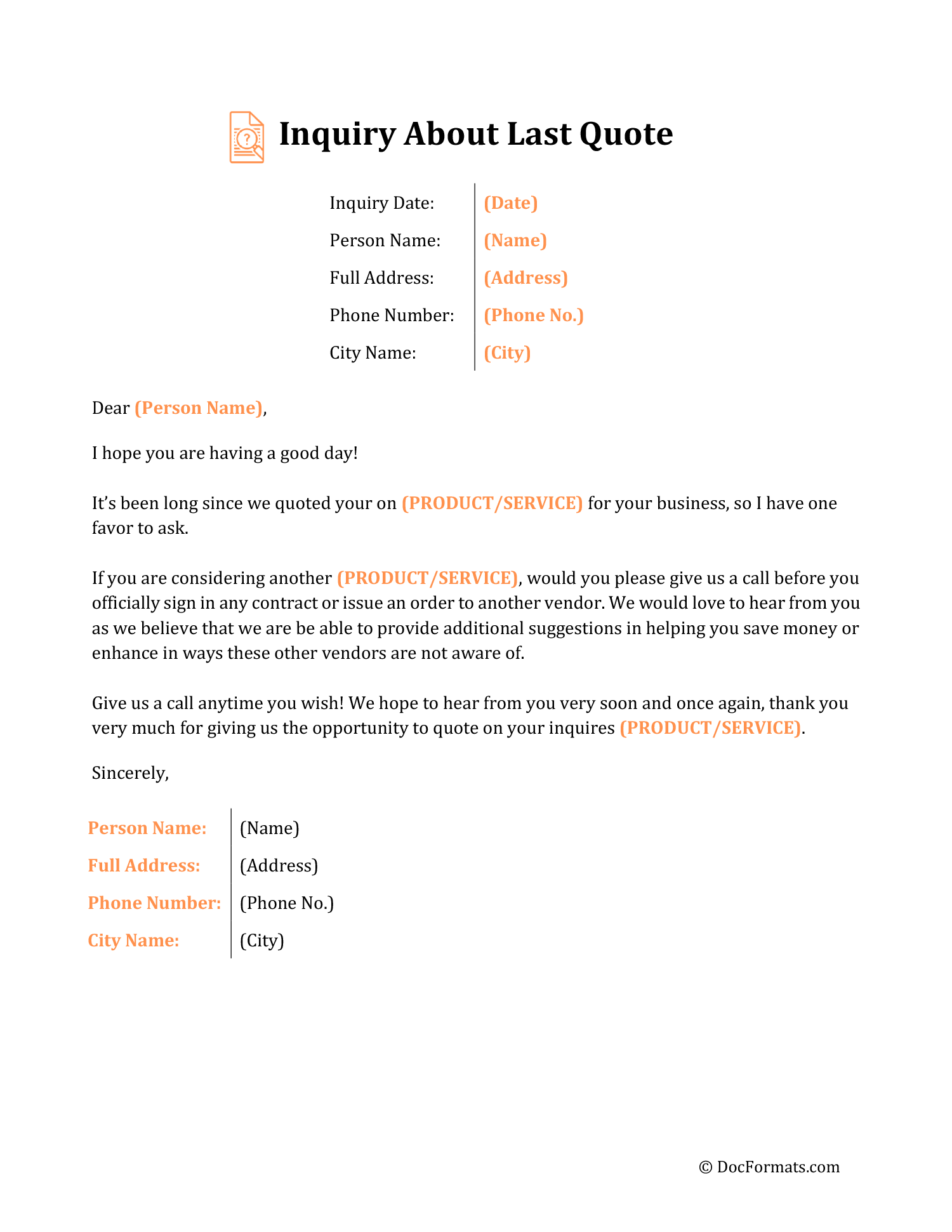Quote Follow Up Email - Word, Google Docs, Excel, Google Sheets, PDF