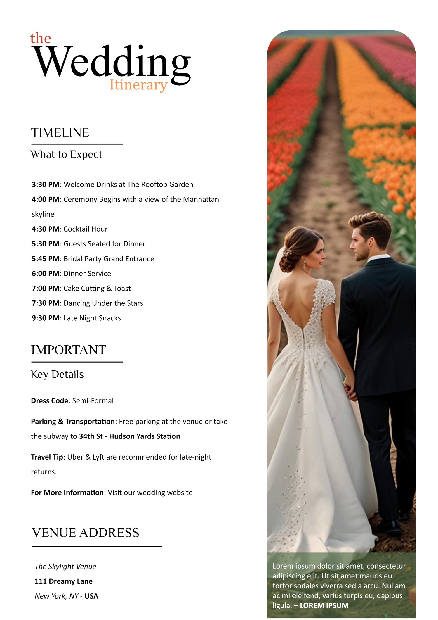 Simple Wedding Itinerary Template - Word, Google Docs