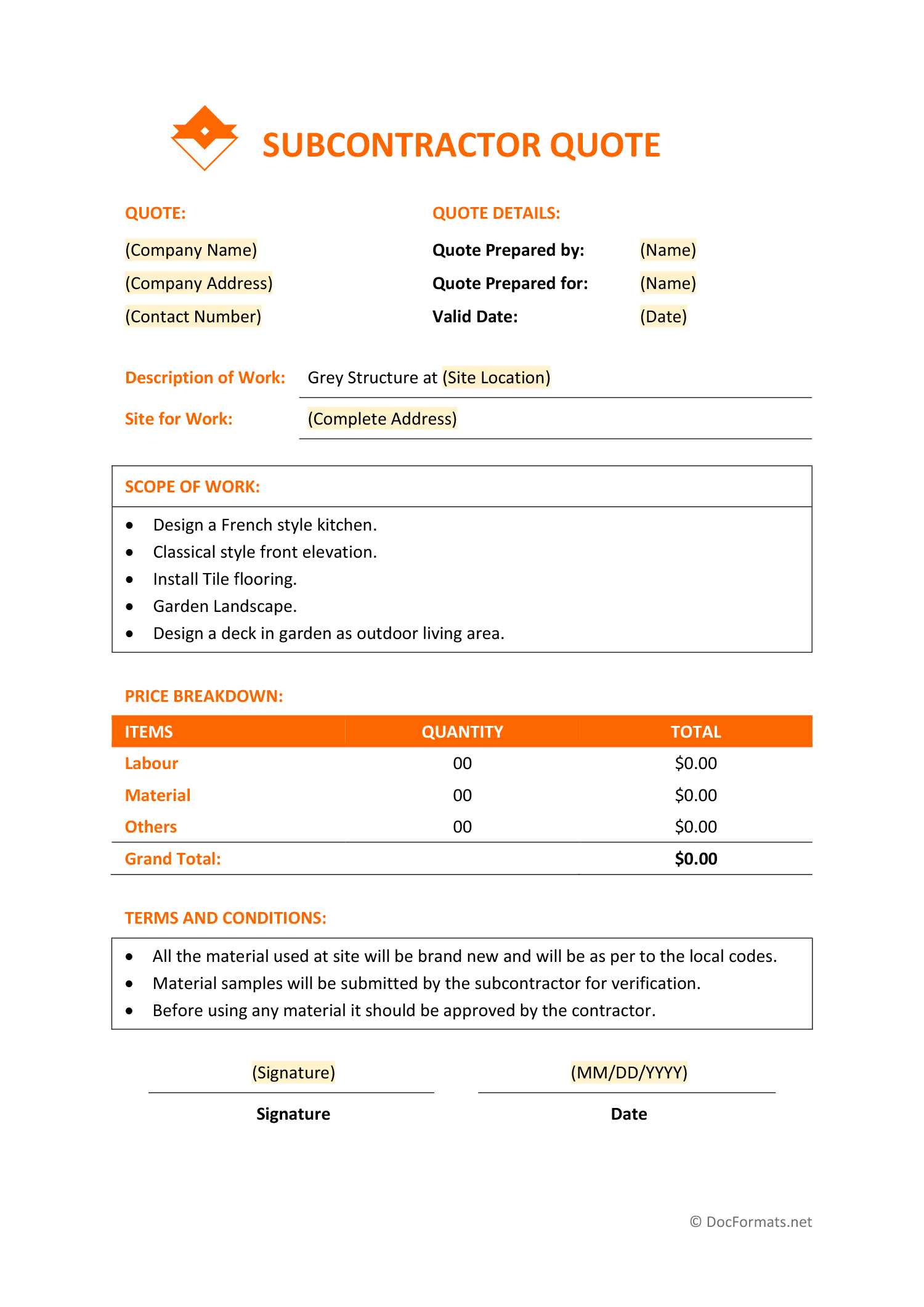 Subcontractor Quote Template - Word, Google Docs, PDF