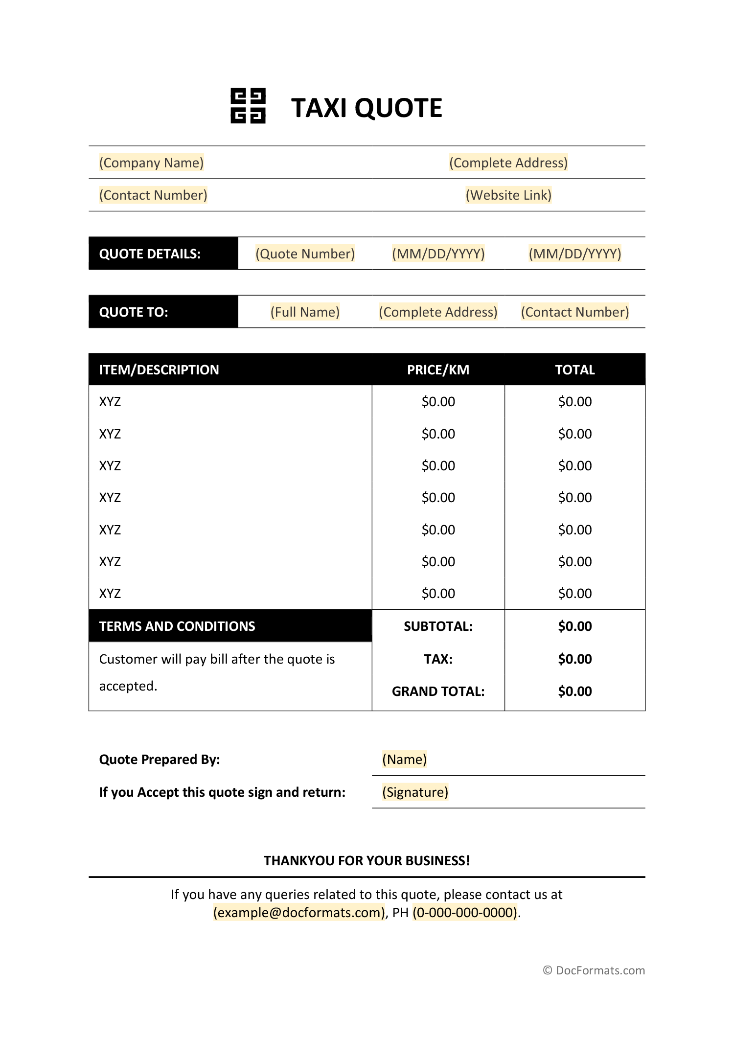 Taxi Quote Template - Word, Google Docs, Excel, Google Sheets, PDF
