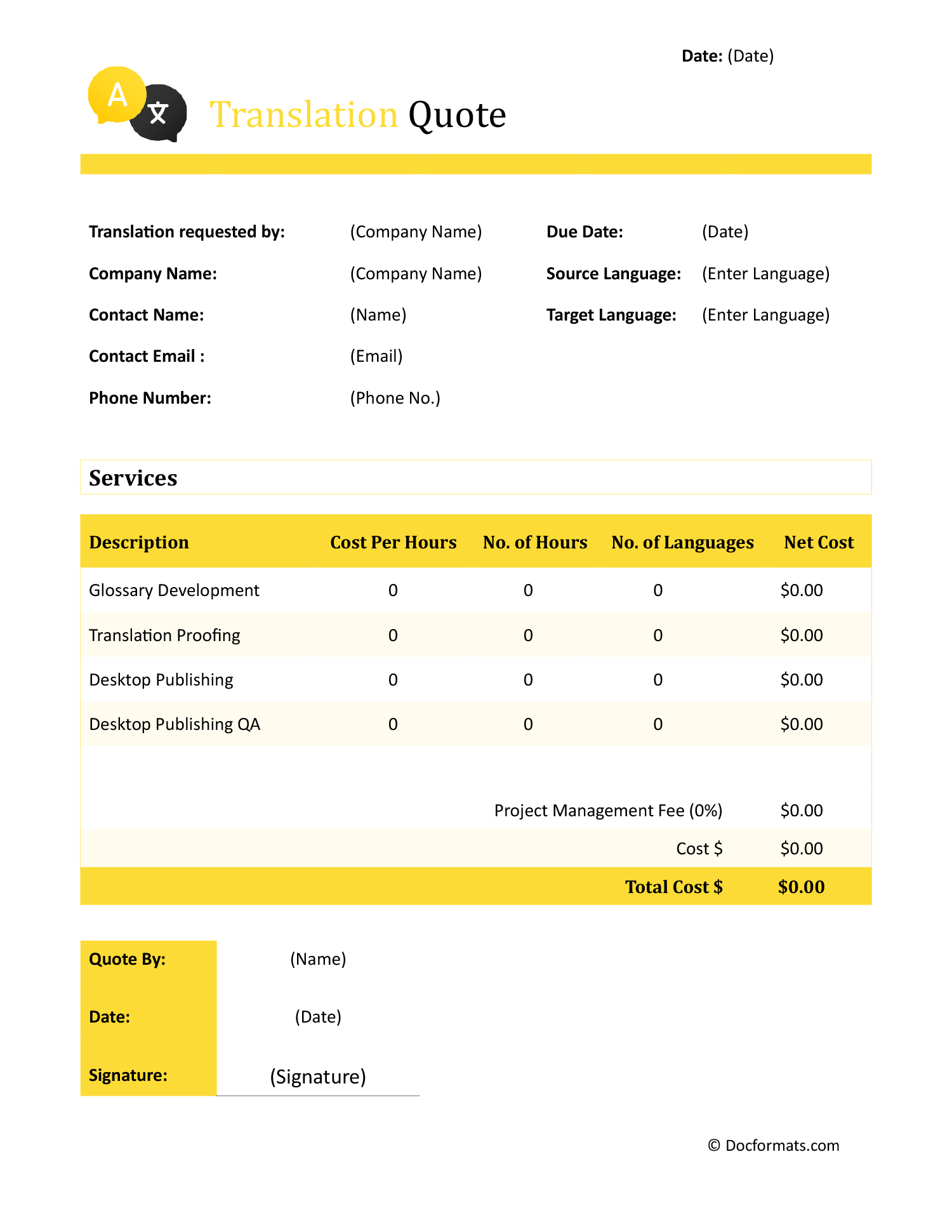 Translation Quote Template - Word, Google Docs, Excel, Google Sheets, PDF